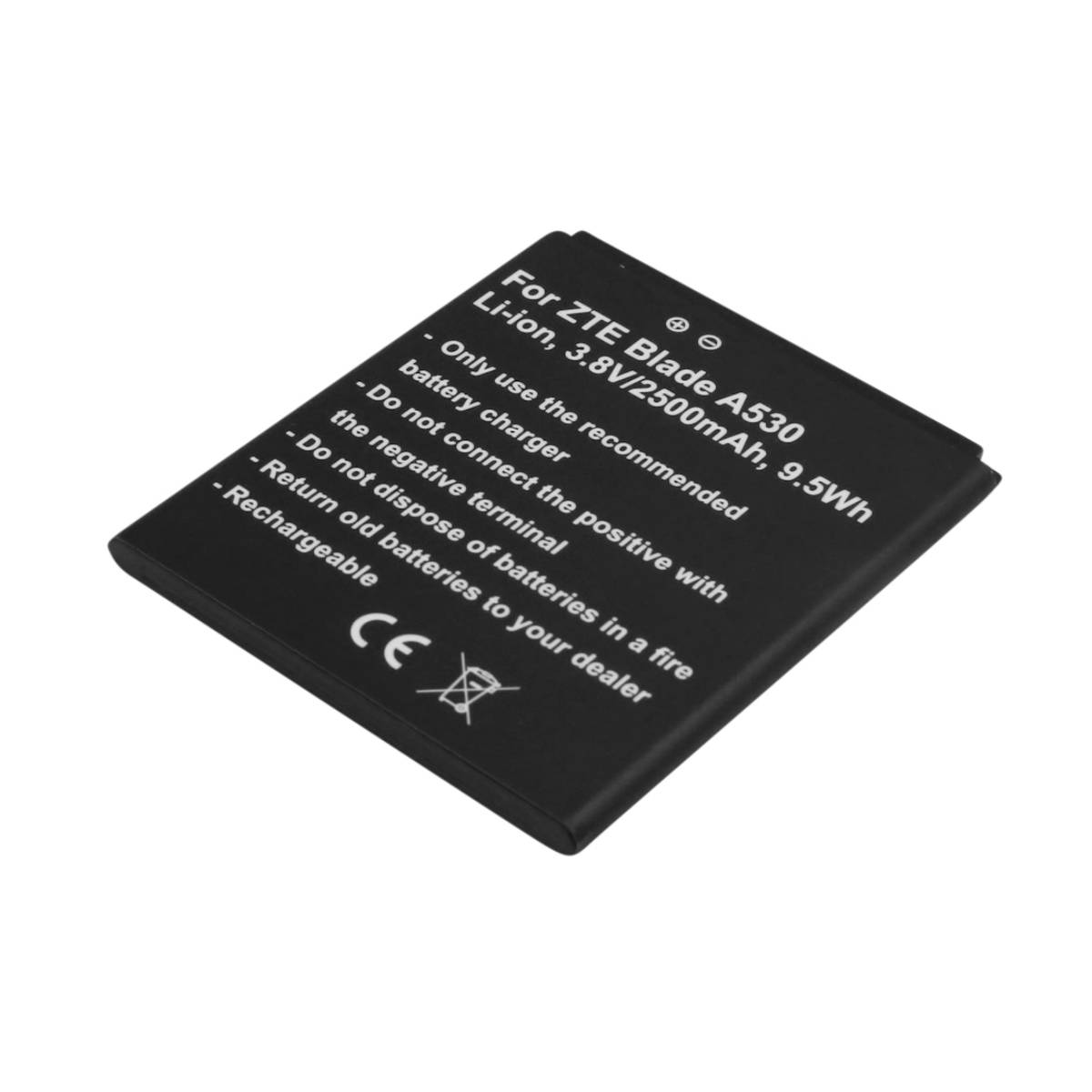 Schwarzer Akku für ZTE Blade A530, 3.8V, 2500mAh mit Warnhinweisen.