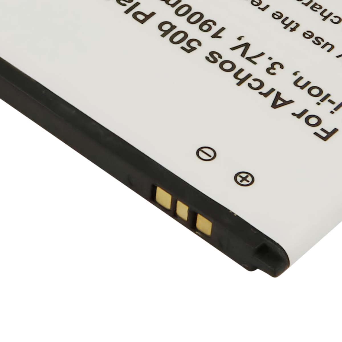Primo piano di una batteria Archos bianca con testo e contatti dorati.