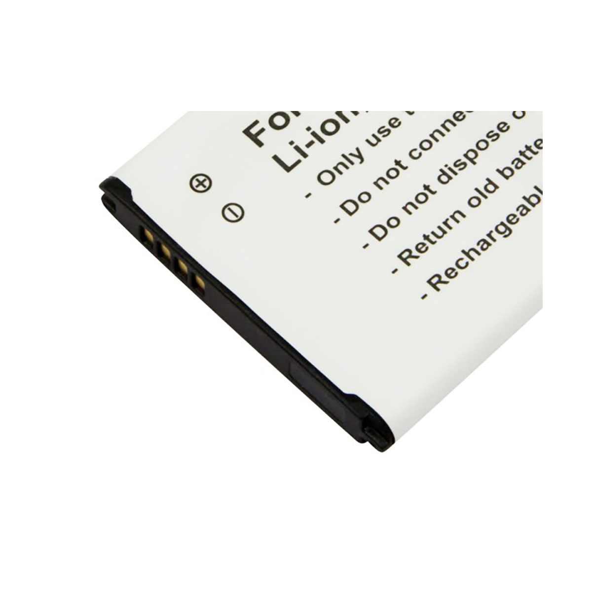 Primo piano di una batteria agli ioni di litio con etichette di avvertenza e connettori.