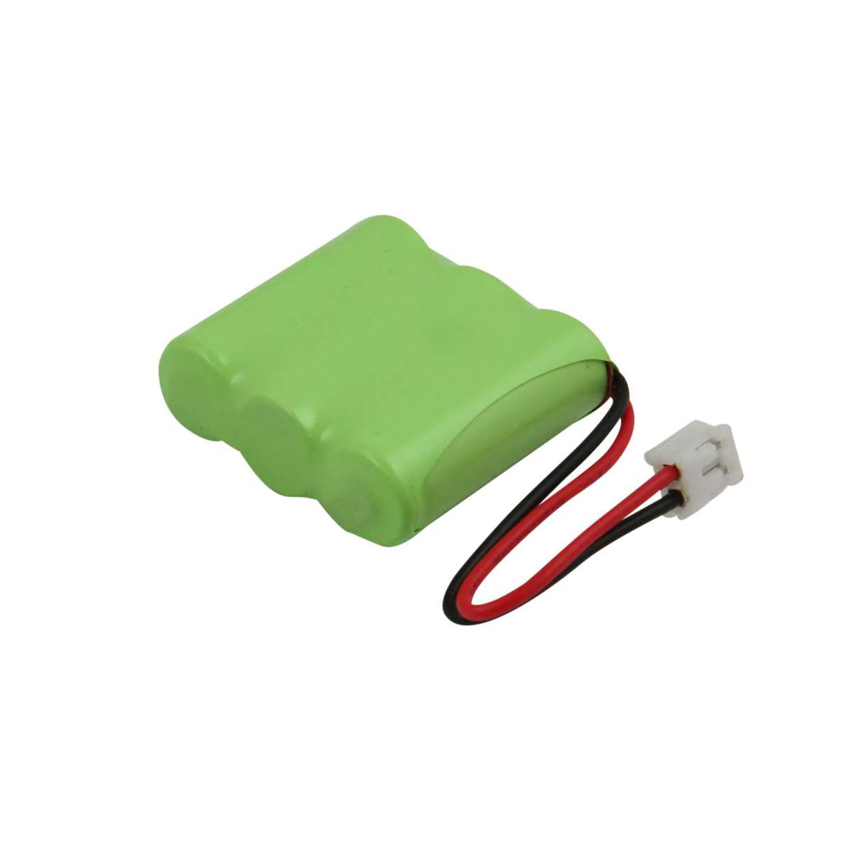Un pacco batteria verde a tre celle con connettore bianco e fili rosso e nero.