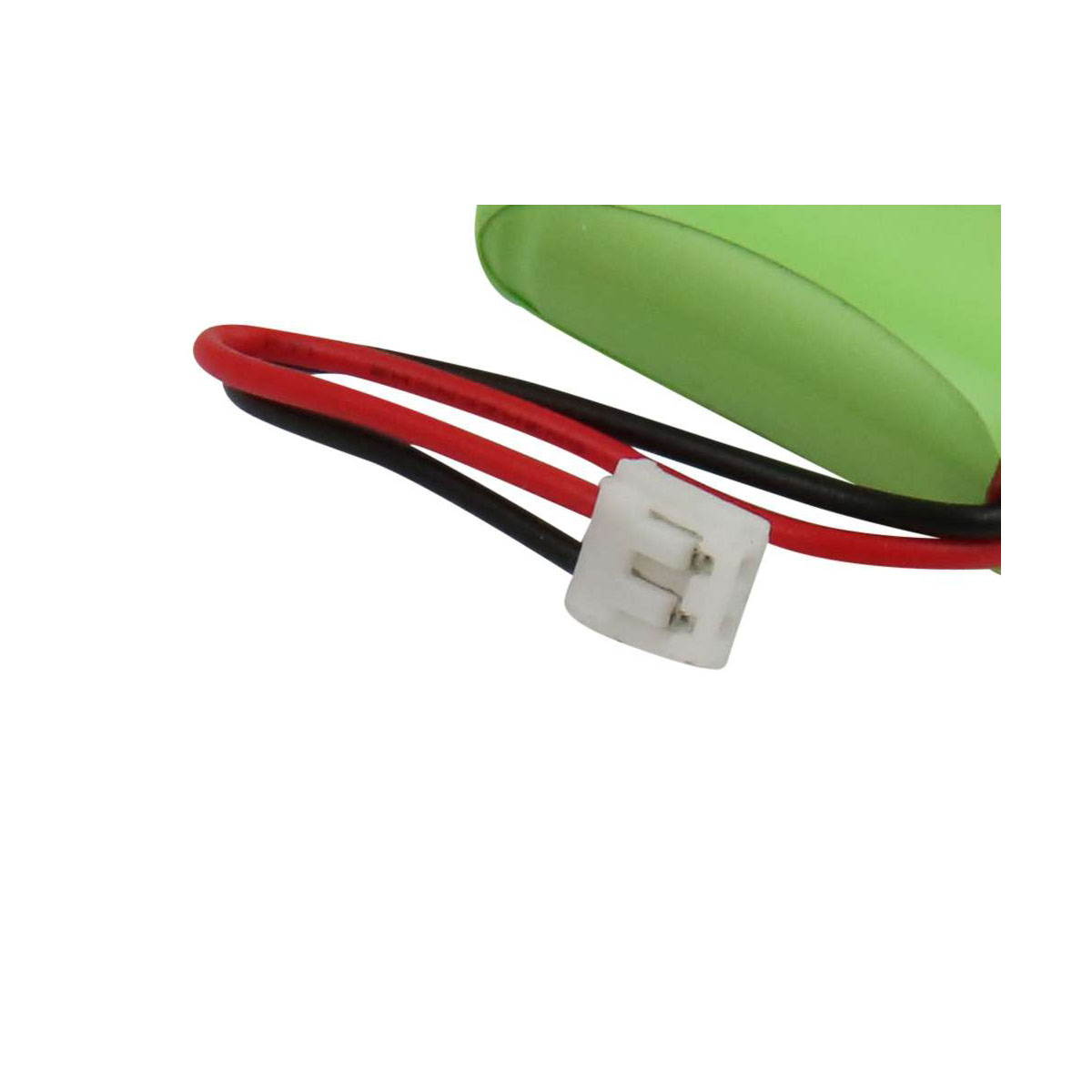 Batteria verde con cavi rosso e nero e connettore bianco.