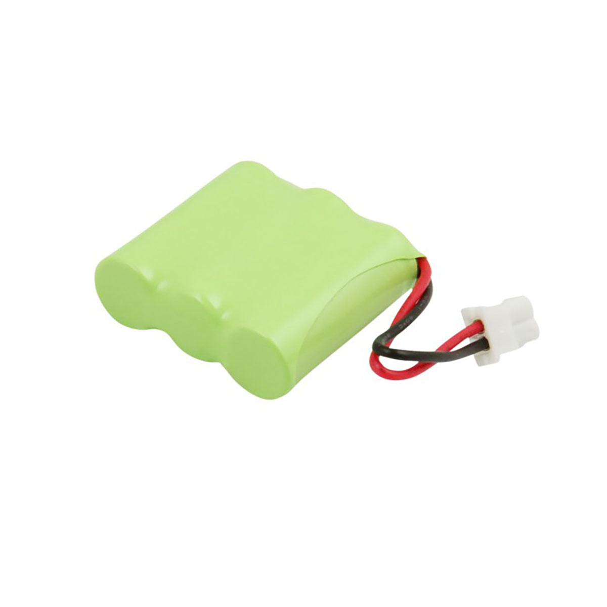 Grüne Batteriepack mit Kabeln und weißem Stecker auf weißem Hintergrund.
