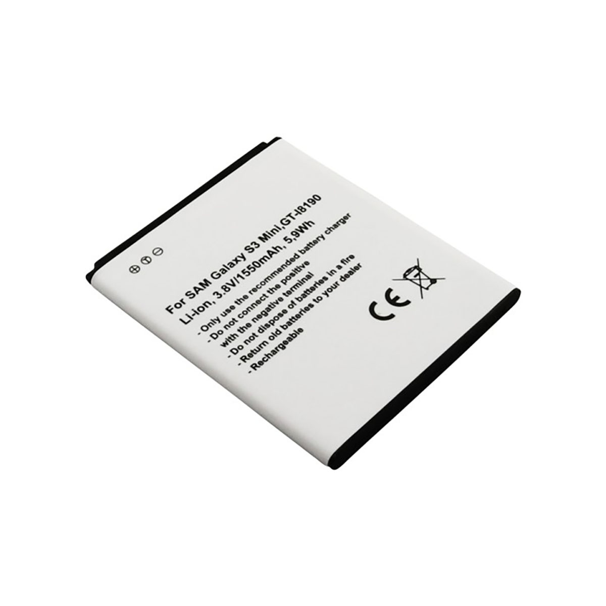 Una batteria bianca per Samsung Galaxy S3 Mini con simboli di avvertimento.