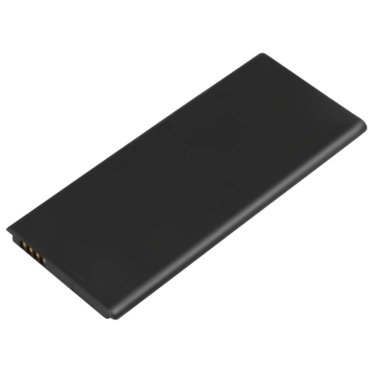 Una batteria rettangolare nera con contatti su un lato.