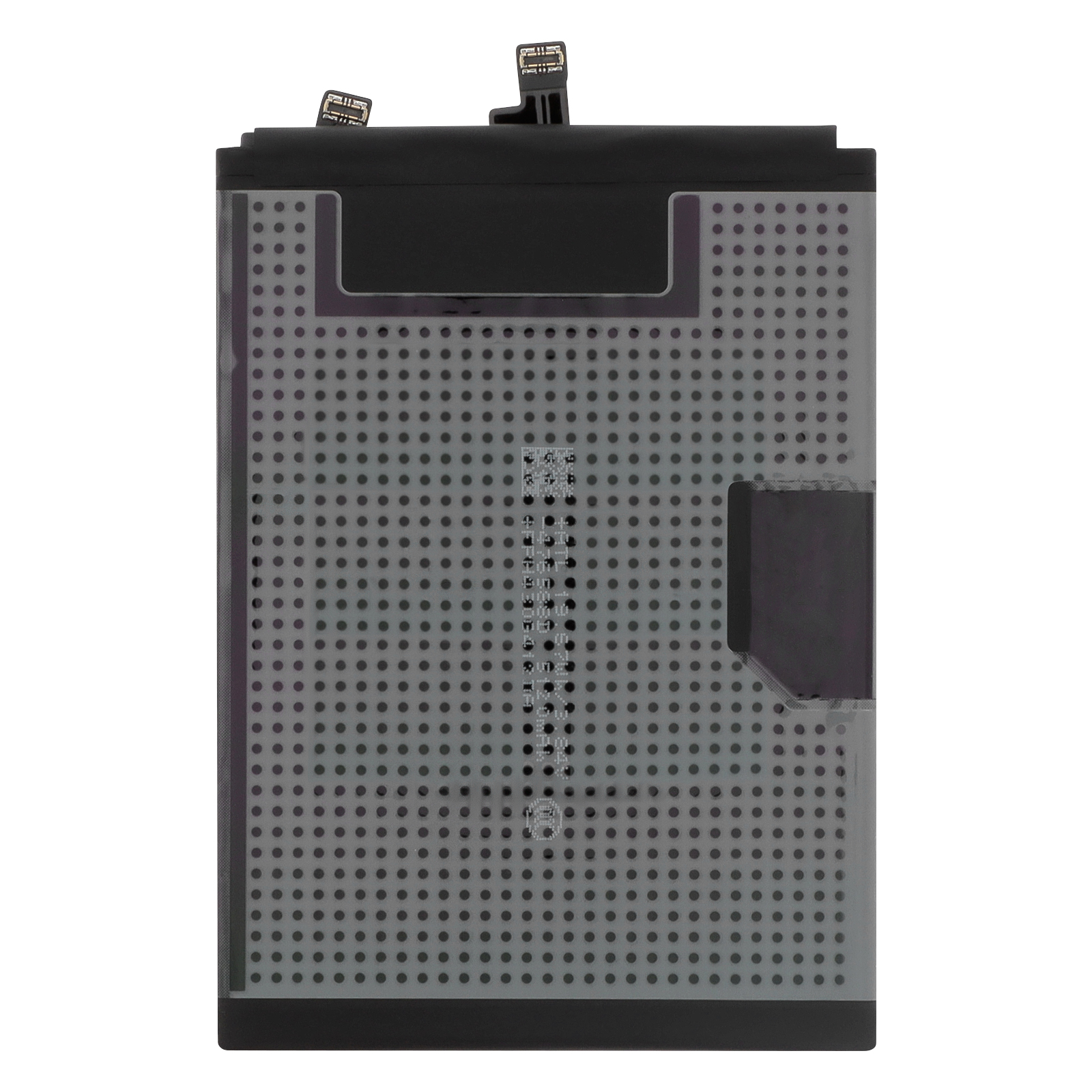 Una batteria nera con motivo a griglia trasparente e due cavi in cima.