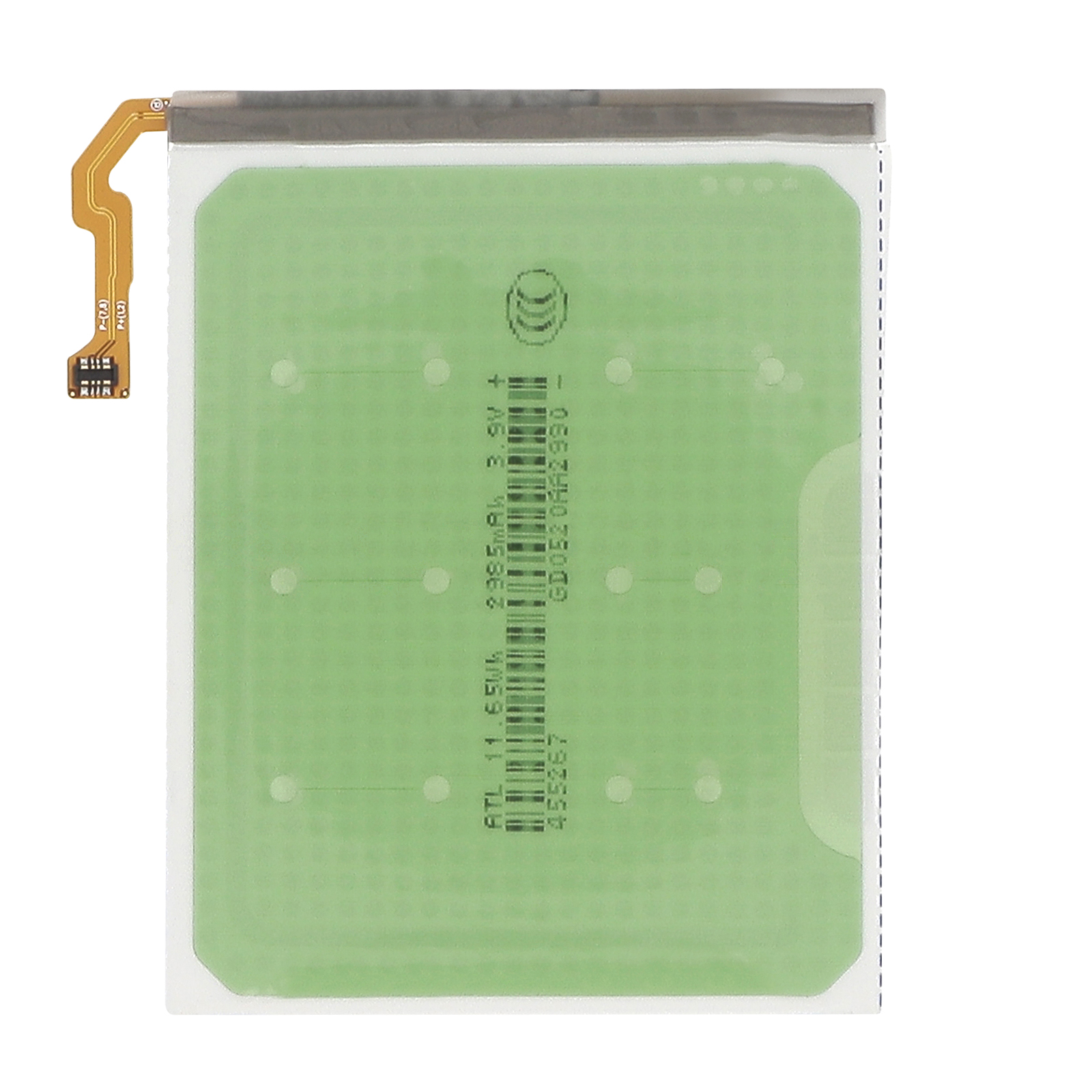 Une batterie plate verte avec connecteur jaune flexible et texte. 11,65 Wh, 2985 mAh, 3,9 V.