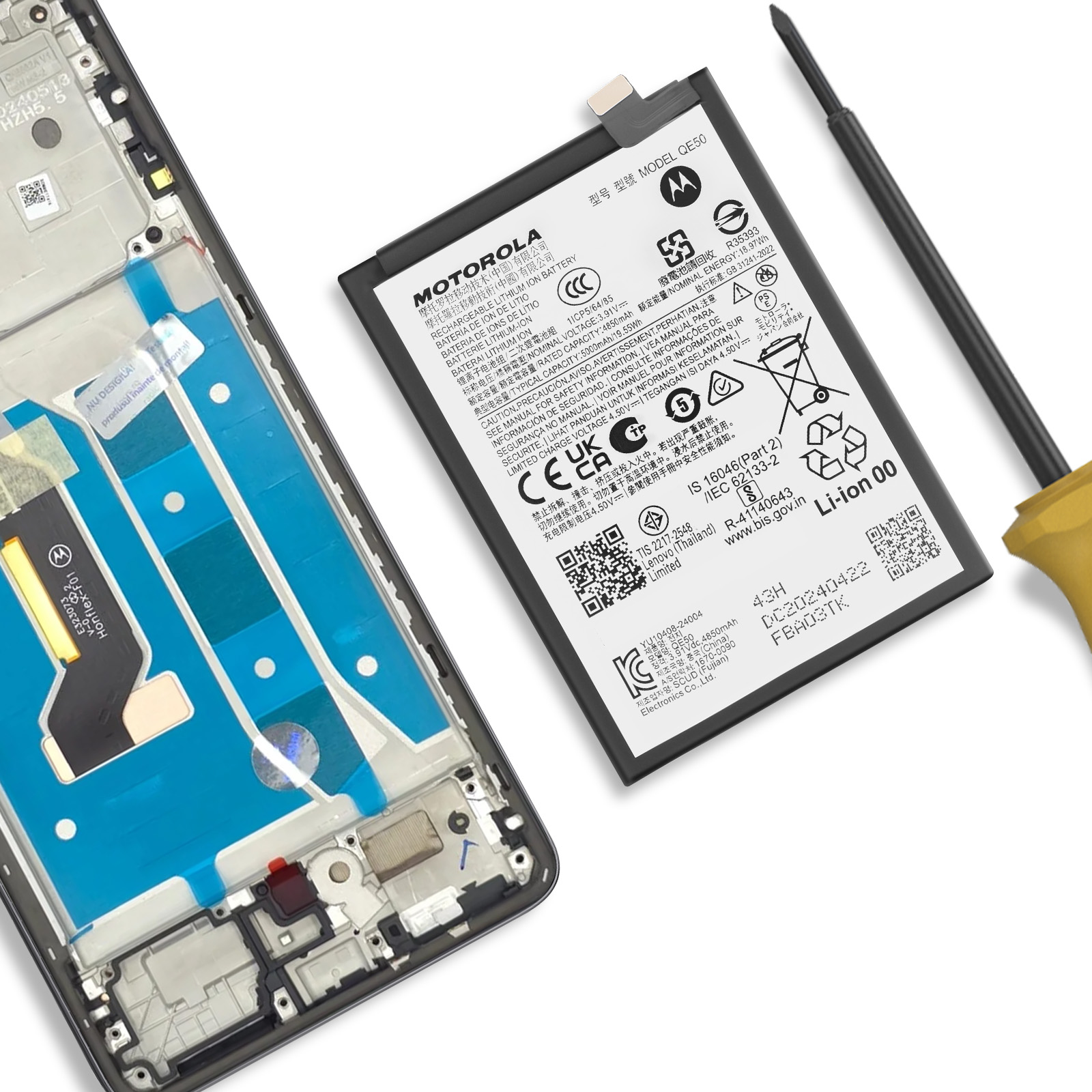 Una batería Motorola y el marco de un smartphone junto a un destornillador.