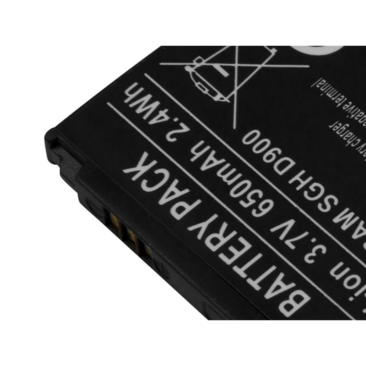 Batteria nera con testo: BATTERY PACK, 3.7V 650mAh 2.4Wh.