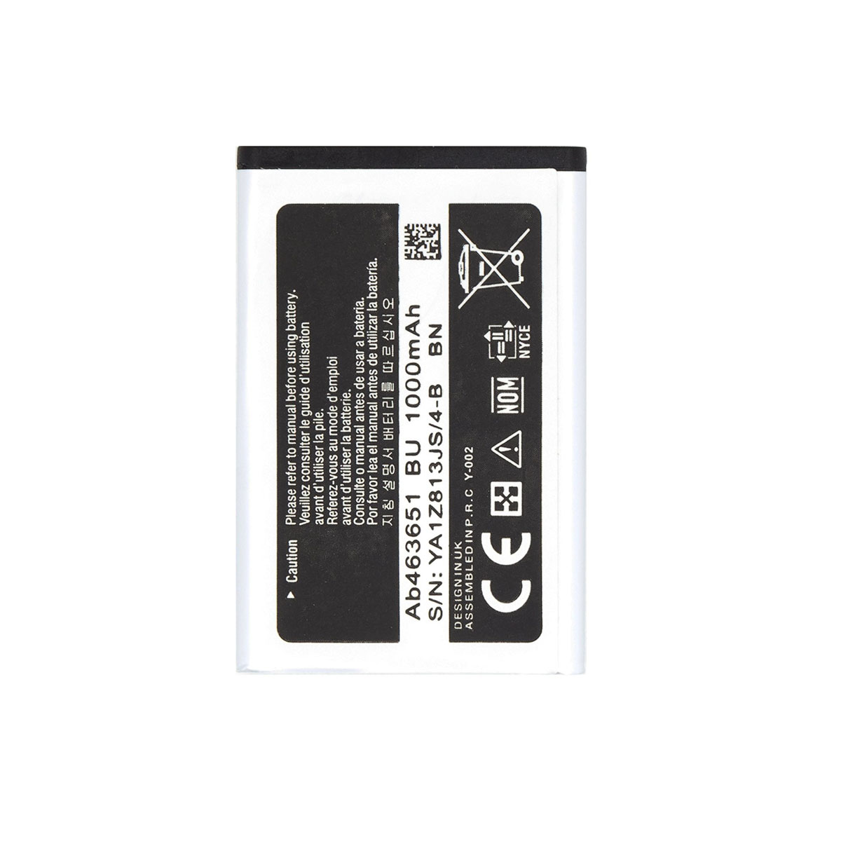 Una batteria bianca con testo nero, modello Ab463651, 1000mAh.