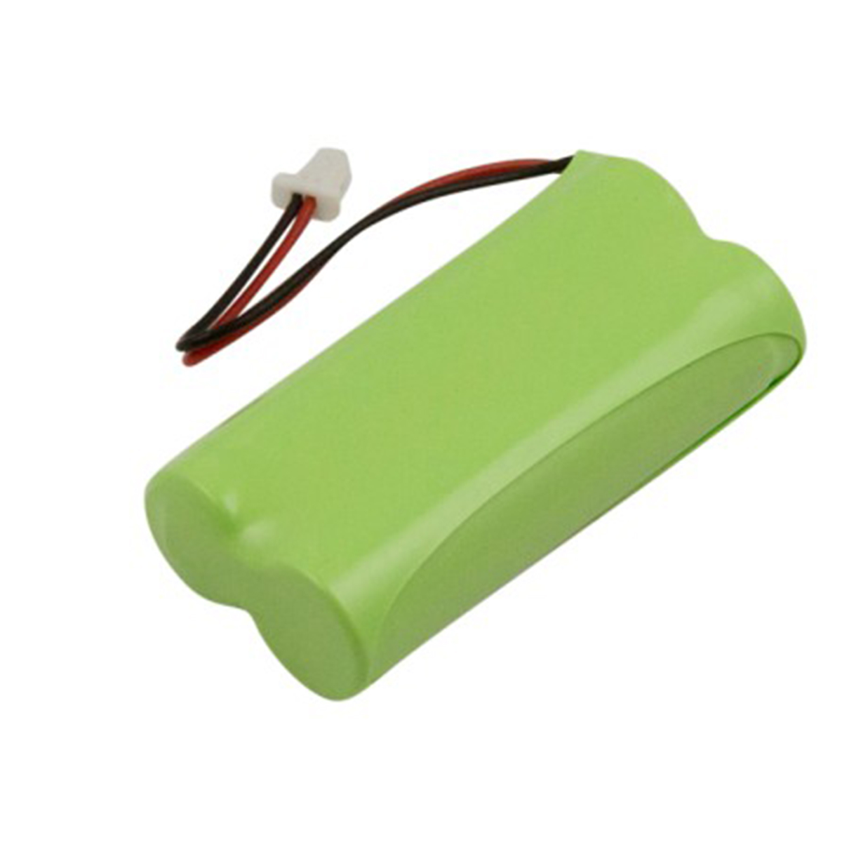 Ein grüner Akkupack mit roten und schwarzen Drähten an einem weißen Stecker.