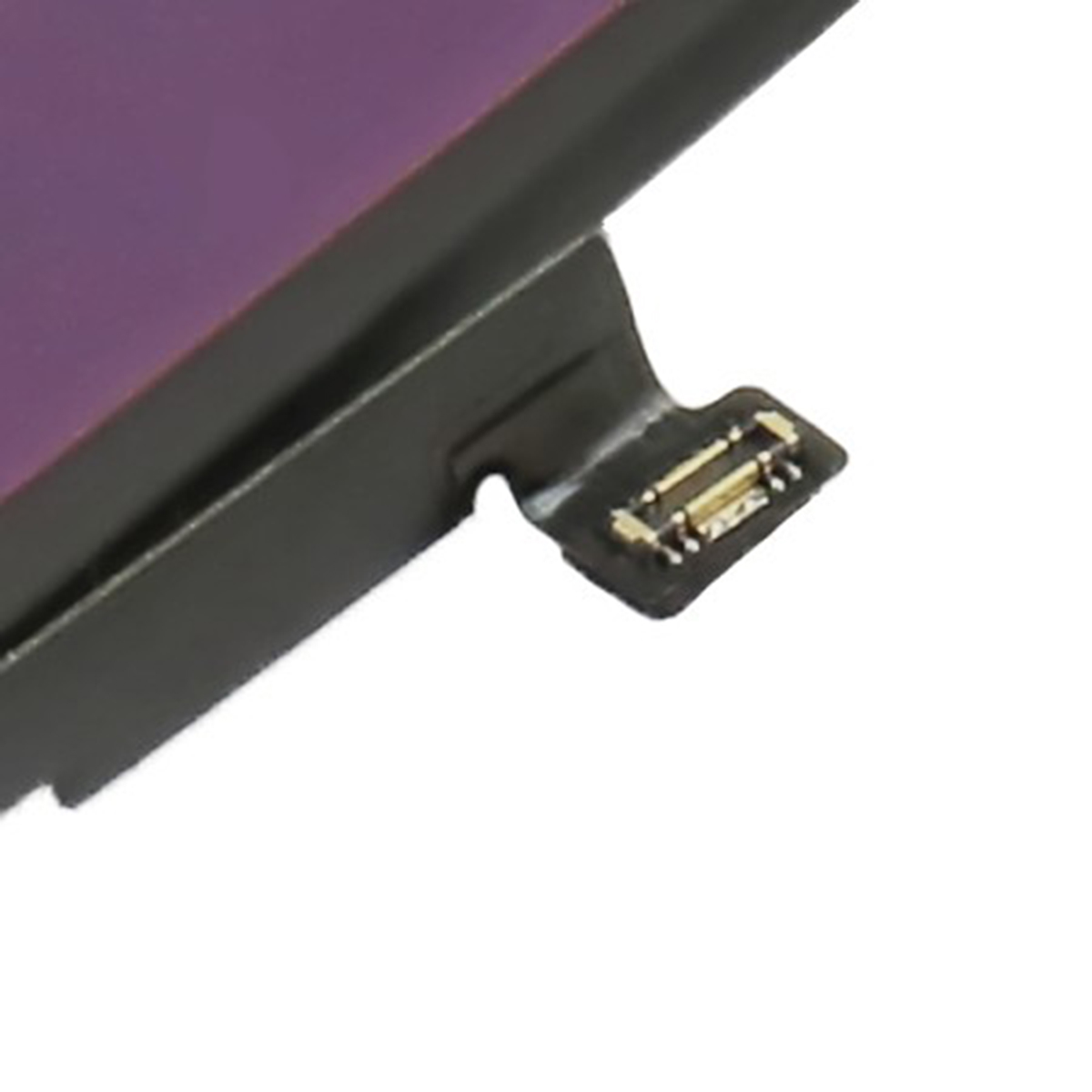 Parte di una batteria viola con un connettore nero.