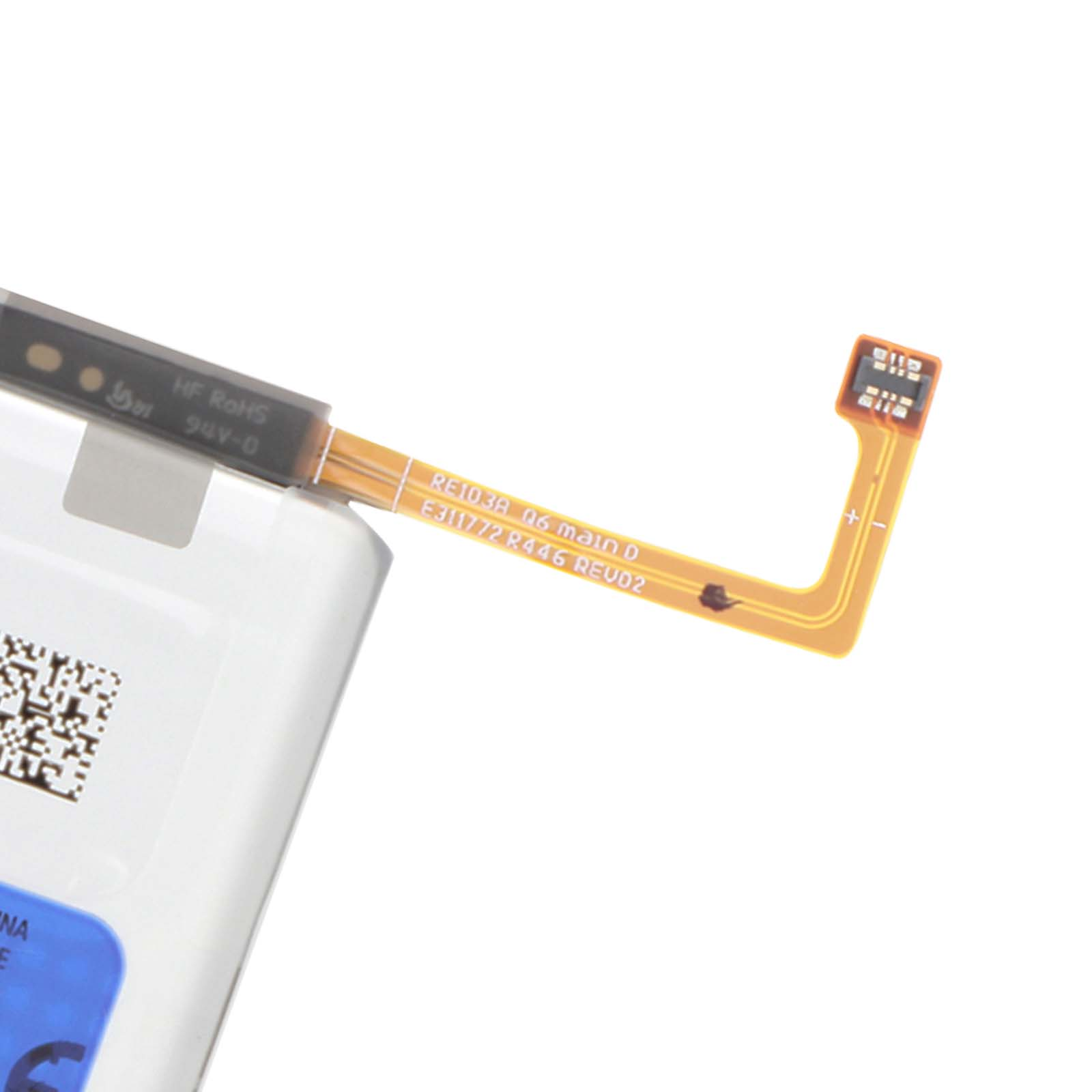 Batería blanca con cable flexible naranja, muestra texto HF ROHS 94V-0.