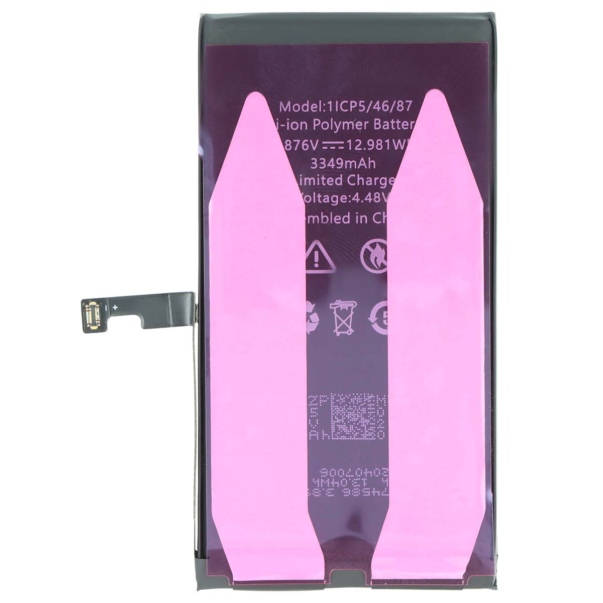 Ein Smartphone-Akku mit der Modellnummer 1ICP5/46/87 und einer Kapazität von 3349mAh.