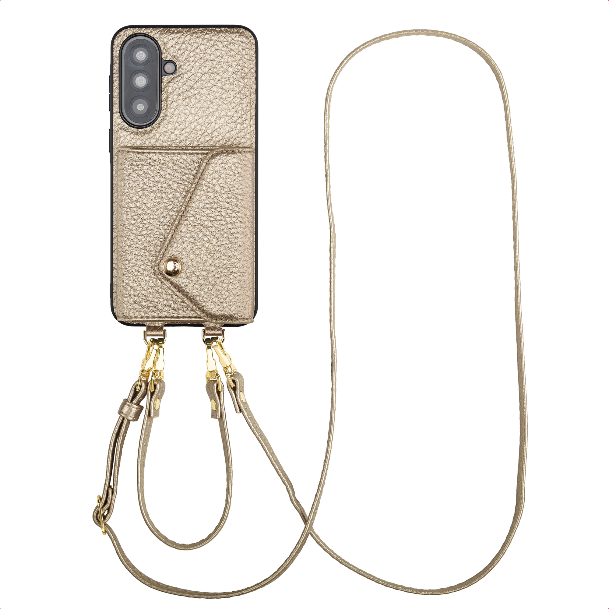 Gouden telefoonhoesje met camera-uitsparing, zakje en nekband.