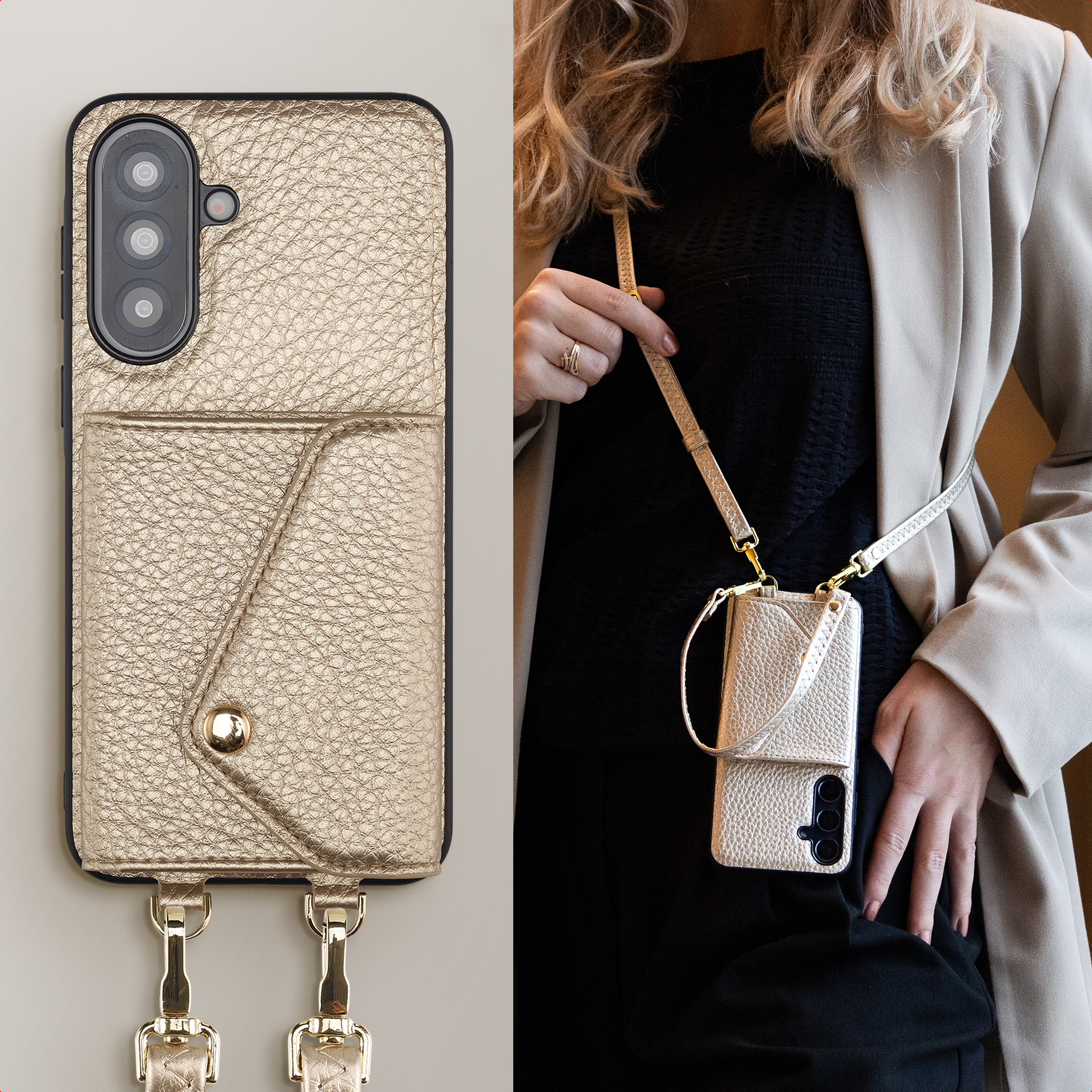 Gouden telefoonhoesje met textuur, bandje en zakje, gedragen door vrouw.