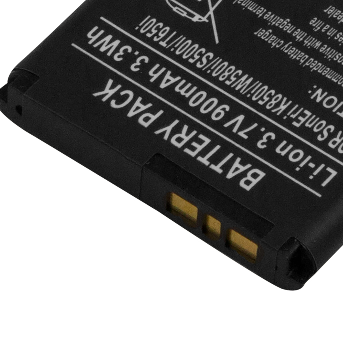 Pacco batteria nero etichettato Li-ion 3,7V 900mAh 3,3Wh con contatti.