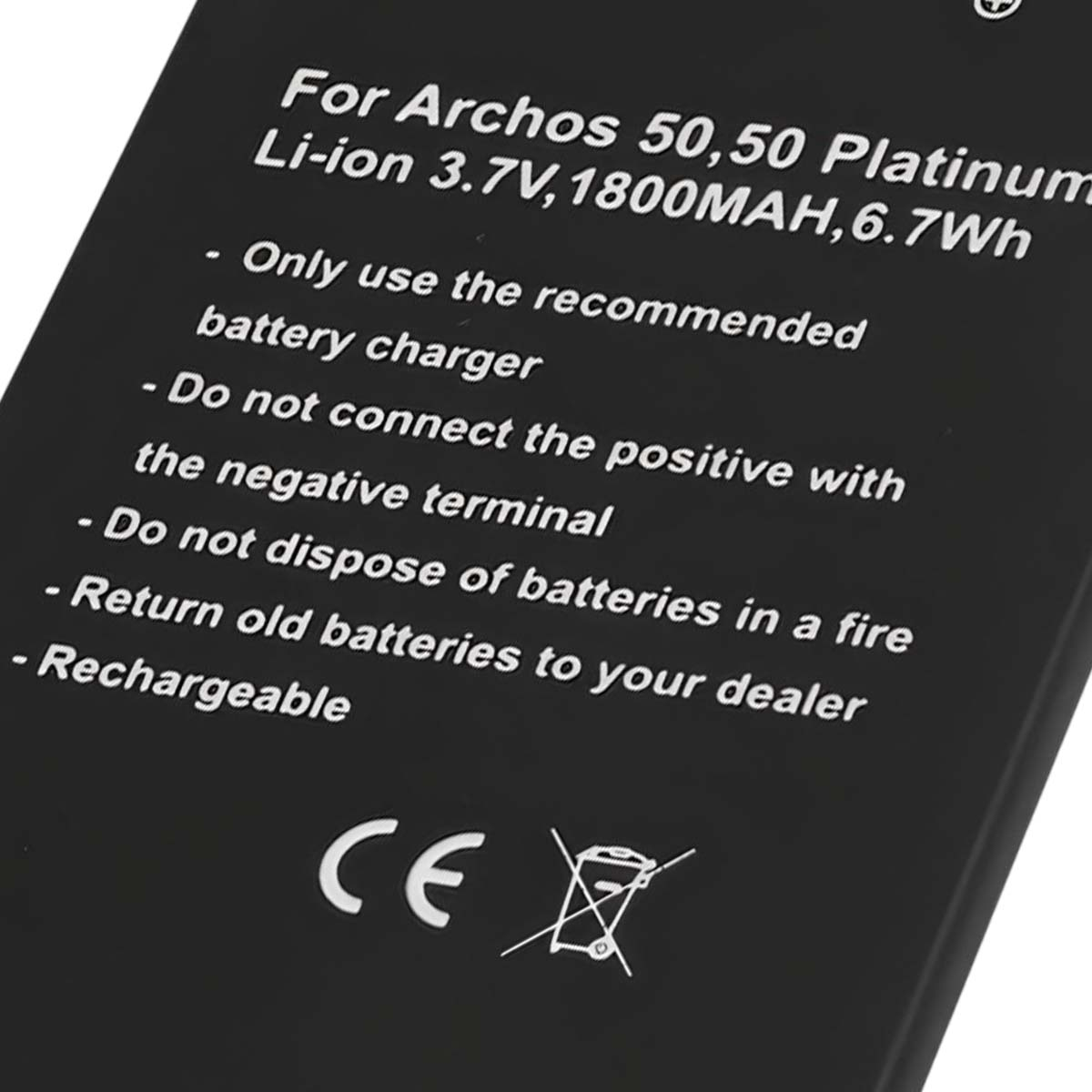 Batteria Archos 50,50 Platinum: 3,7V, 1800mAh Li-ion. Etichette avviso.