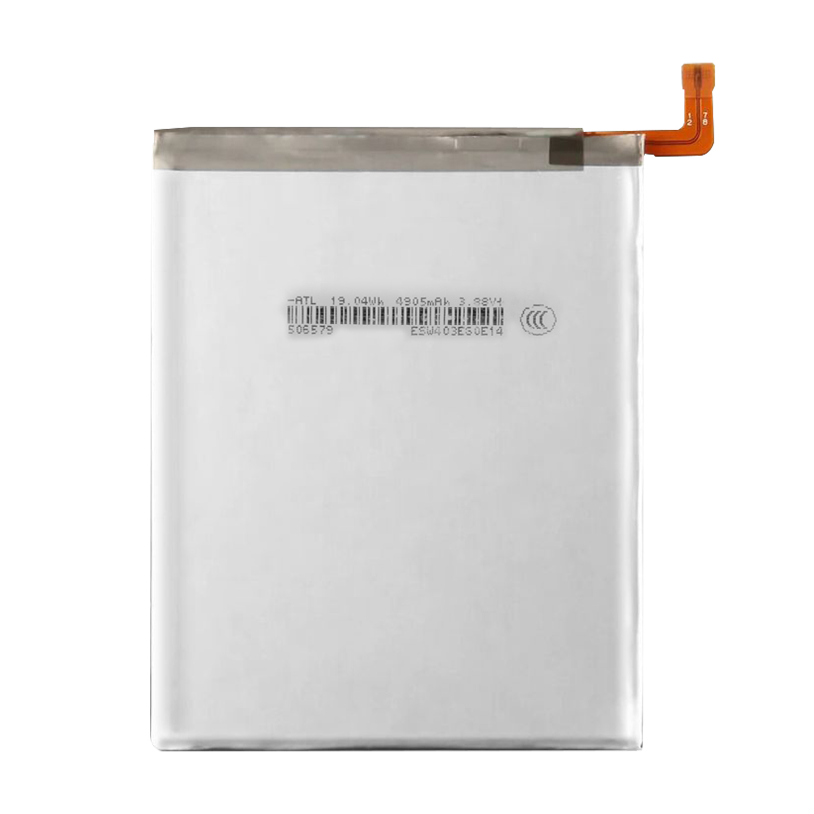 Una batteria bianca con cavo piatto arancione e scritte.
