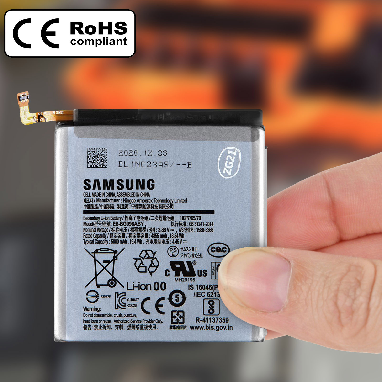 Batteria Li-Ion Samsung EB-BG998ABY, 5000 mAh, made in China.