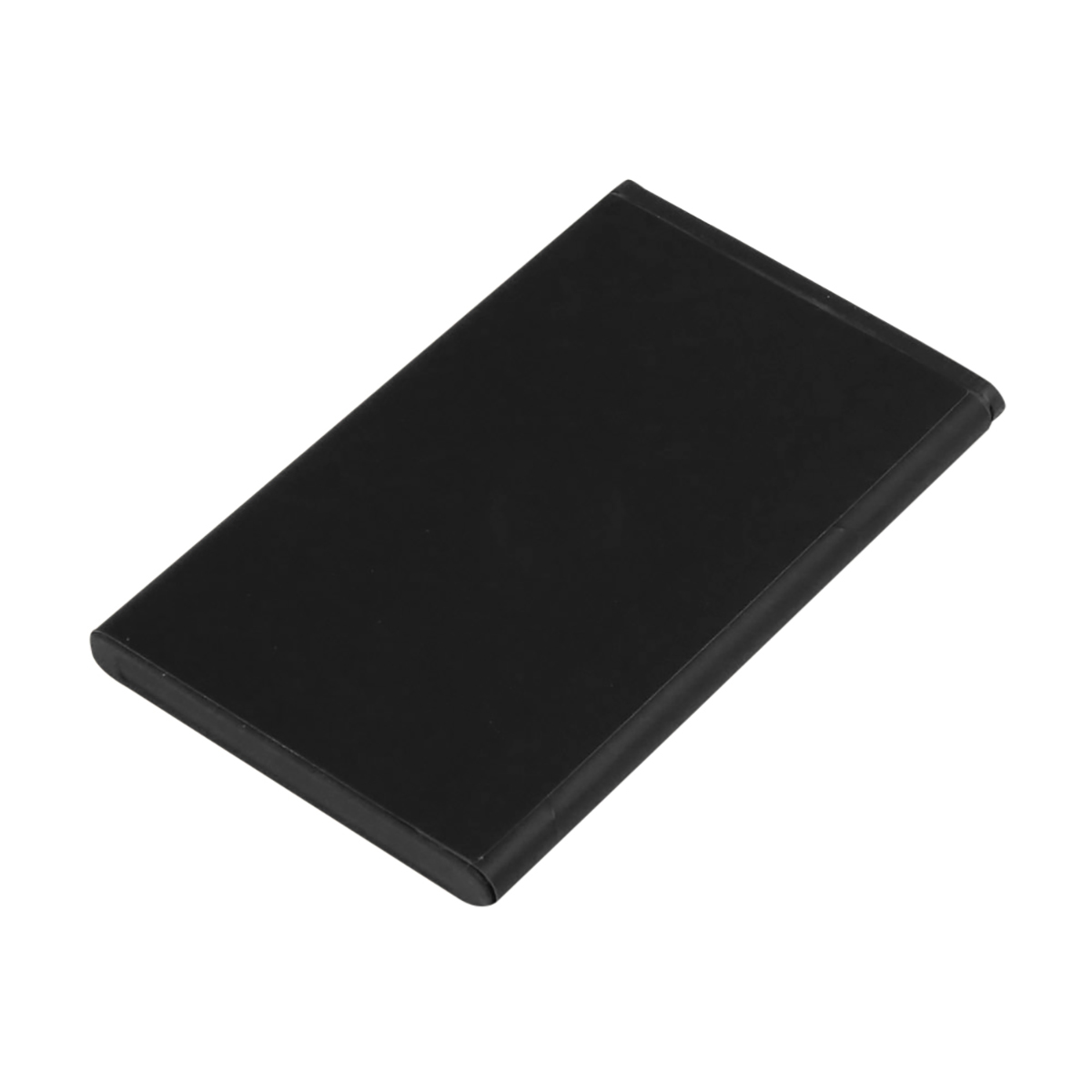 Ein schwarzer, rechteckiger Akku auf weißem Hintergrund.