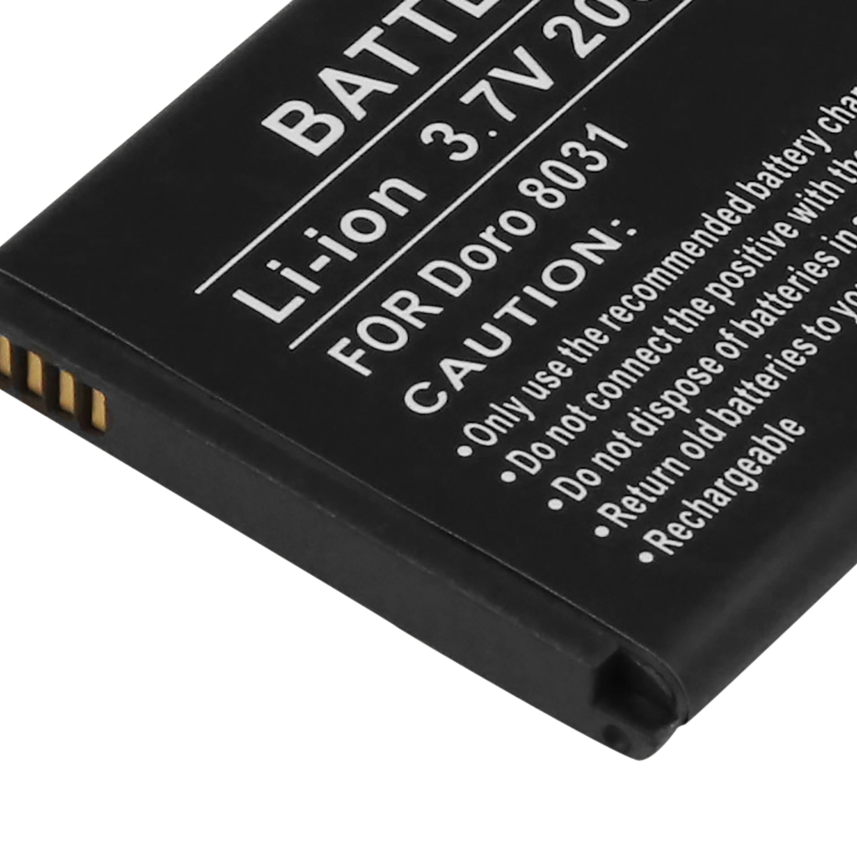 Schwarzer Li-Ionen-Akku 3,7V für Doro 8031 mit Warnhinweisen.