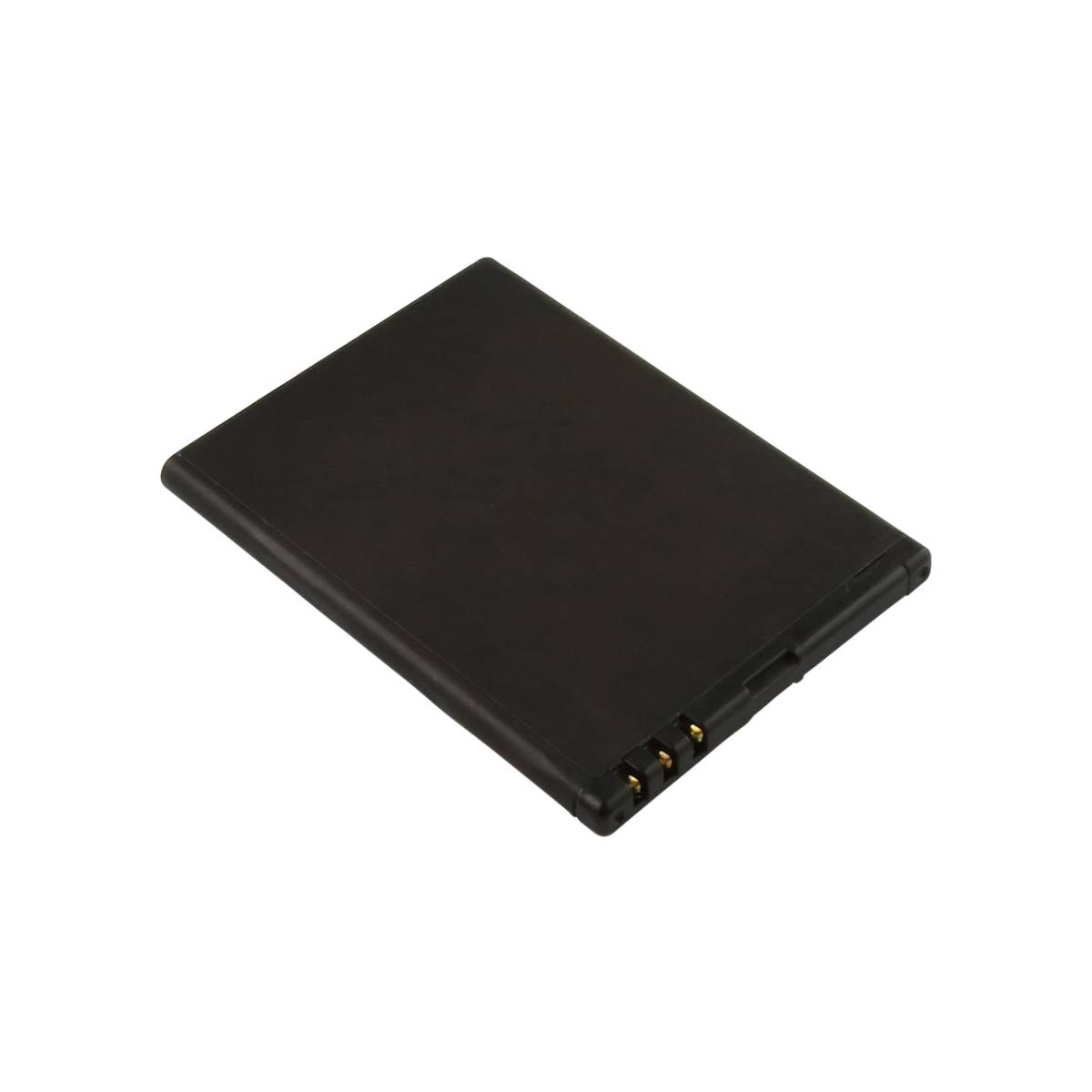 Batteria nera con tre contatti dorati su sfondo bianco.