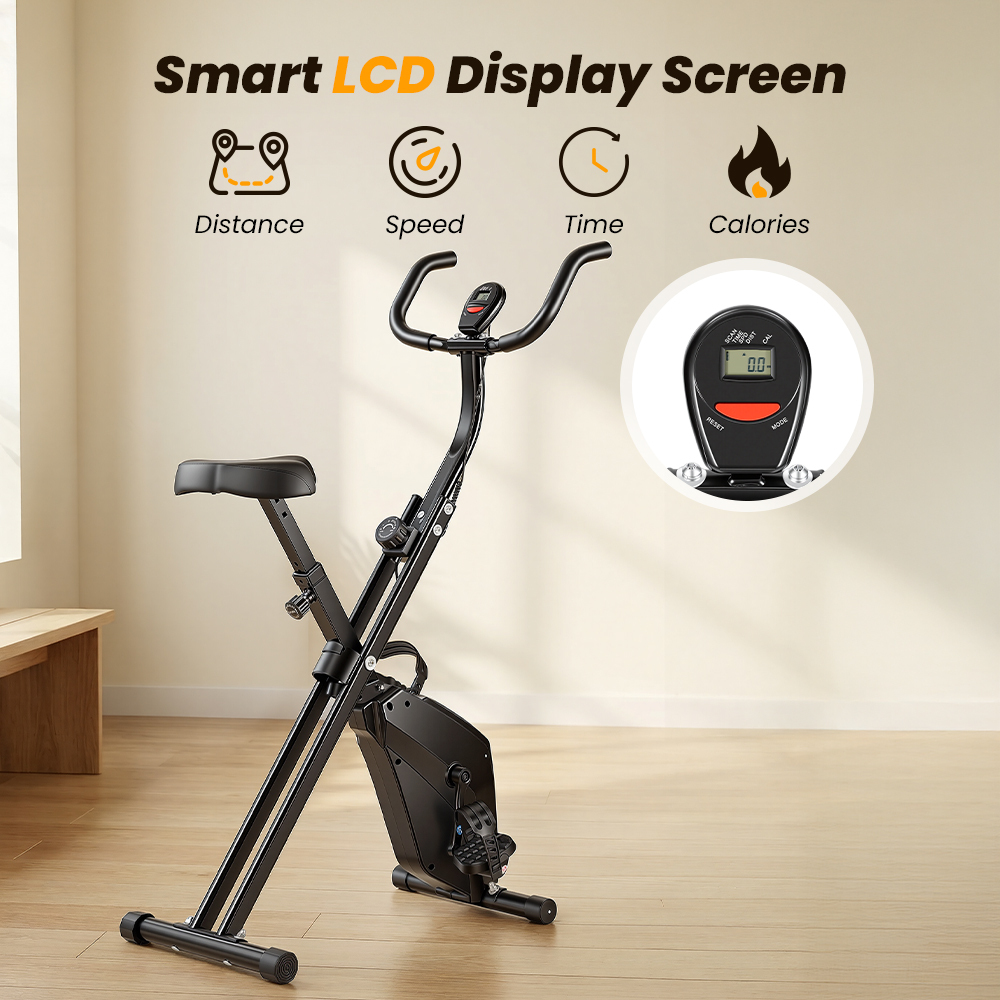 Czarny składany rower stacjonarny z ekranem LCD pokazującym dystans, prędkość, czas i kalorie.