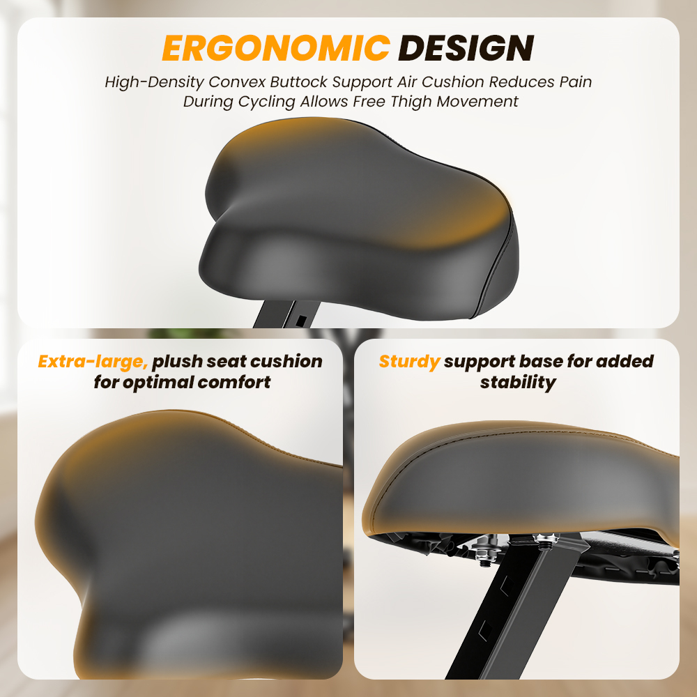 Ergonomiczne siedzisko rowerowe z szeroką poduszką i solidną podstawą.