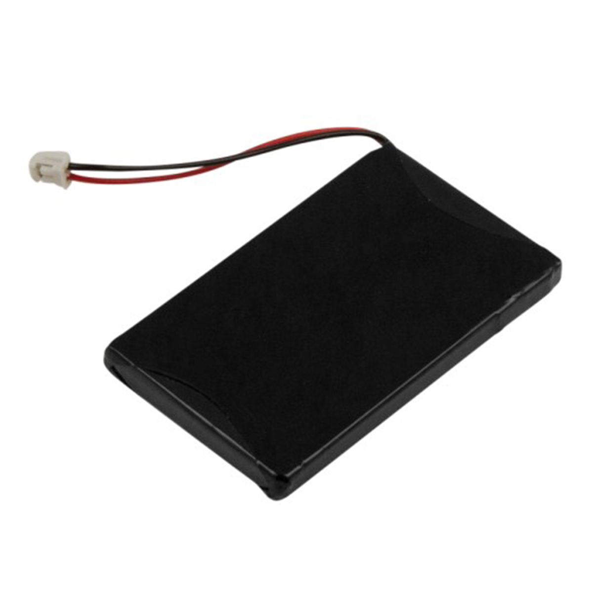 Batteria rettangolare nera con connettore bianco e fili rosso/nero.