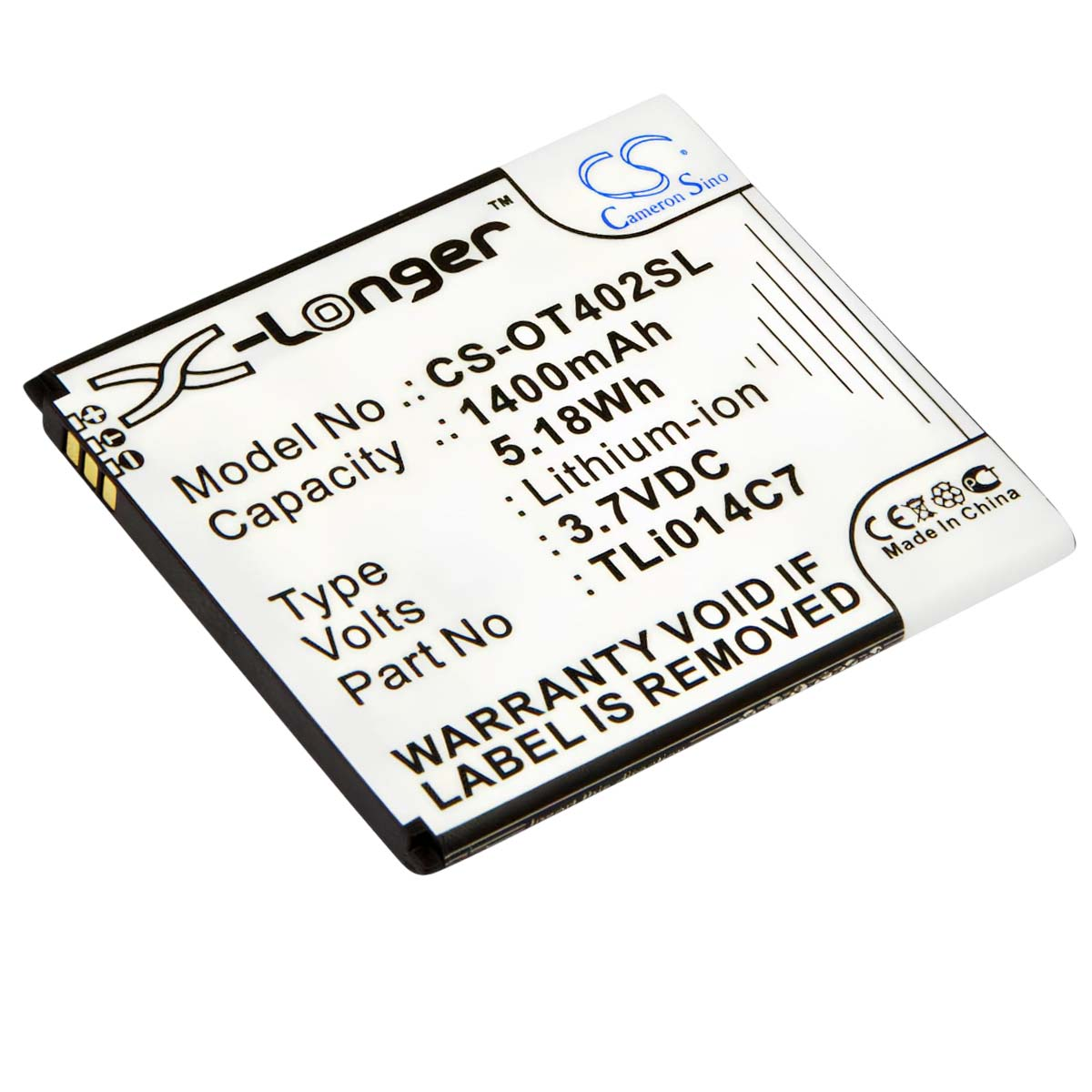 Una etiqueta blanca y negra en una batería muestra el modelo CS-OT402SL, 1400mAh, 3.7VDC, Made in China.