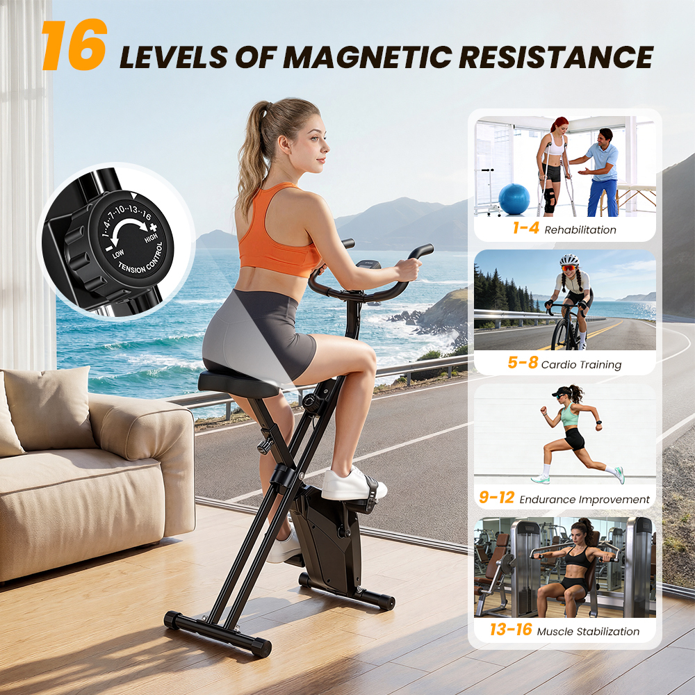 Kobieta na rowerze stacjonarnym, 16 poziomów oporu. Zdjęcia: rehabilitacja, jazda, bieganie, siła.