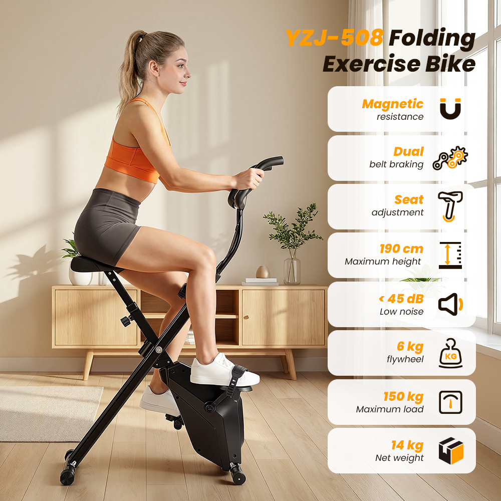 Kobieta na składanym rowerze treningowym z funkcjami takimi jak opór magnetyczny.