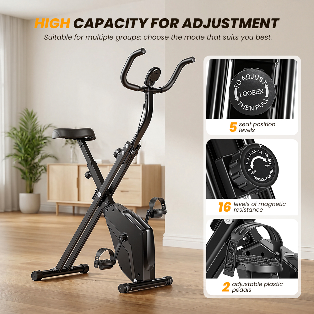 Czarny składany rower treningowy z 5 poziomami regulacji siedzenia i 16 poziomami oporu.