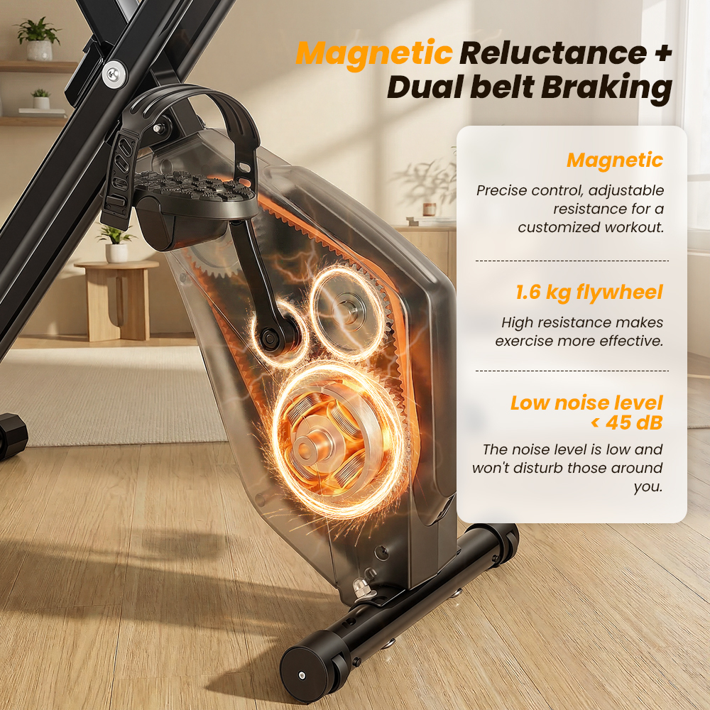 Zbliżenie wnętrza czarnego roweru treningowego ze zębatkami i polami tekstowymi.