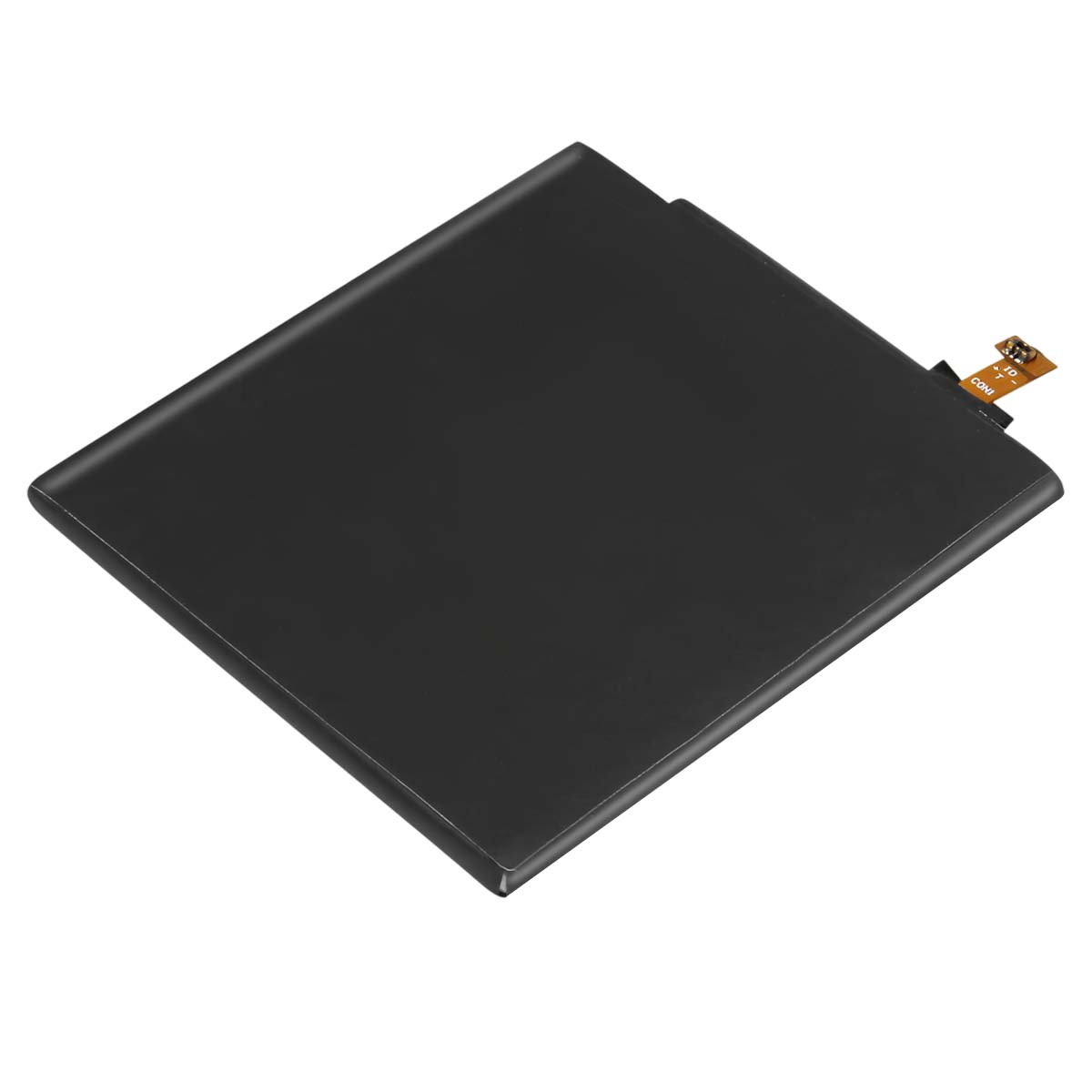 Una batteria nera con un piccolo cavo piatto in alto a destra.