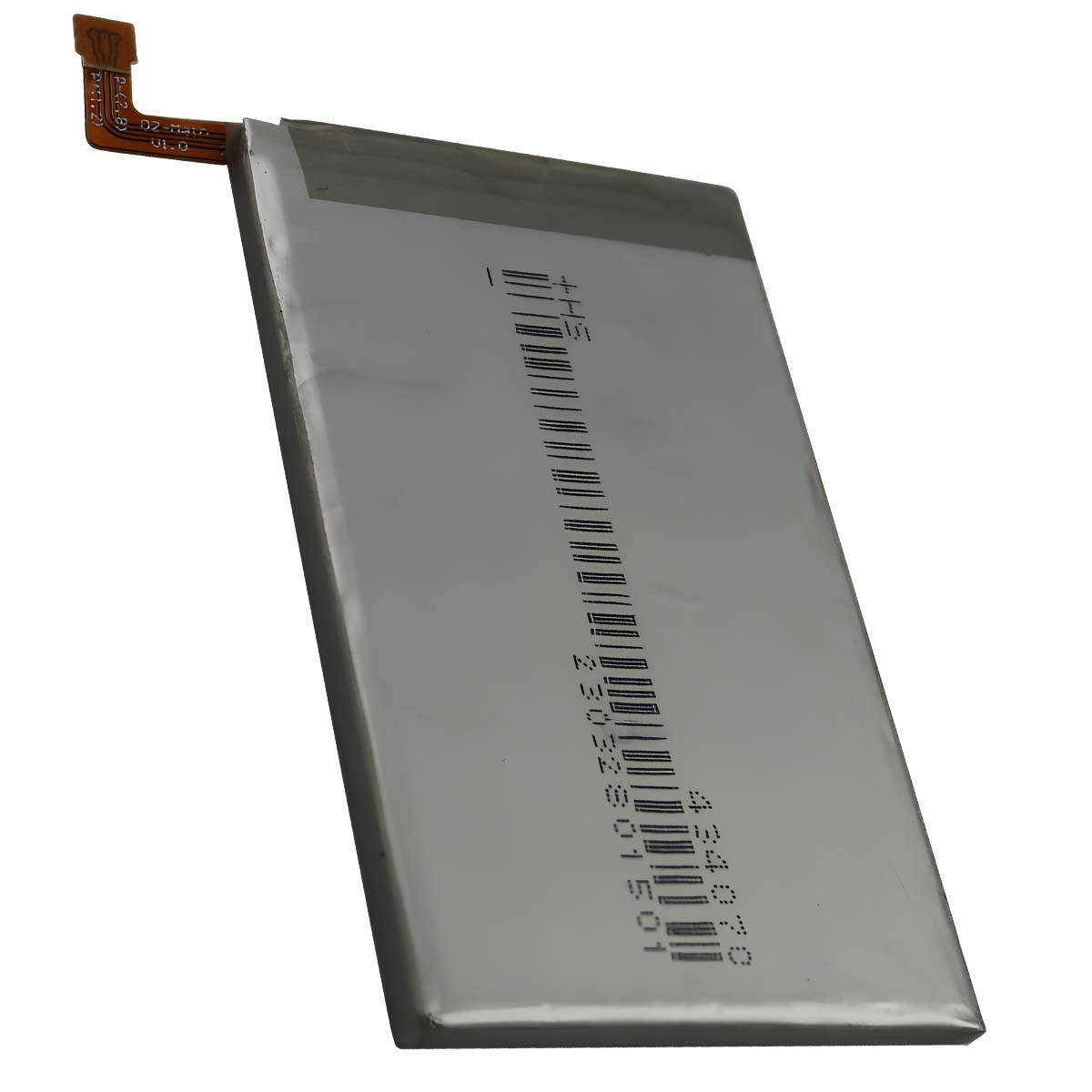 Una batería plana y rectangular con cable flexible y código de barras.
