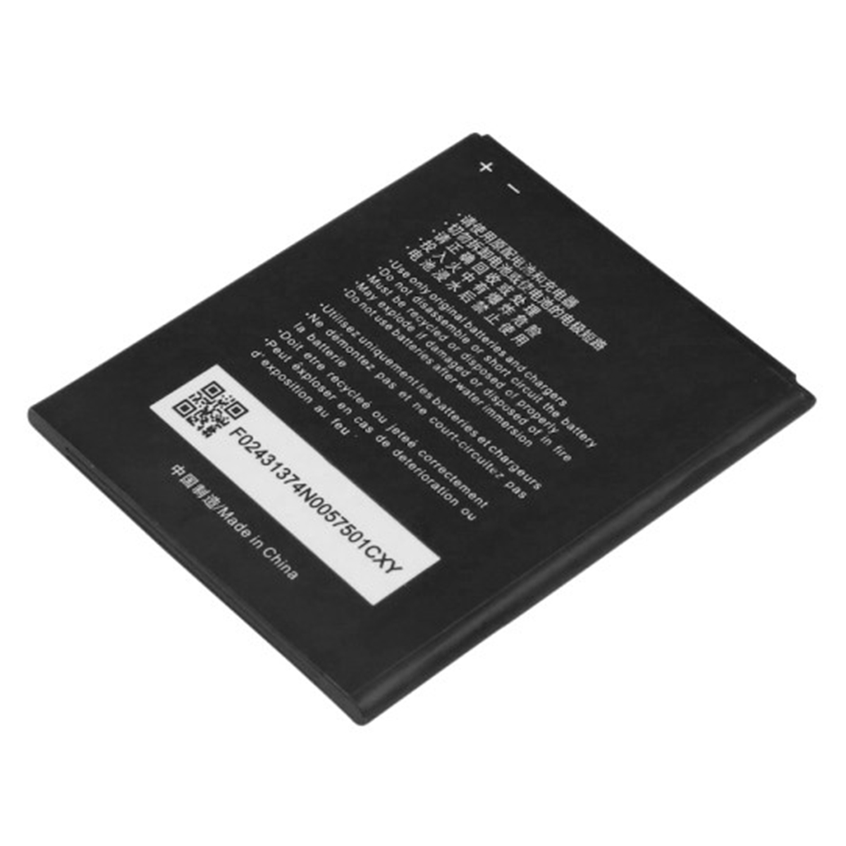 Batteria nera con avvertenze e codice QR. Made in China.