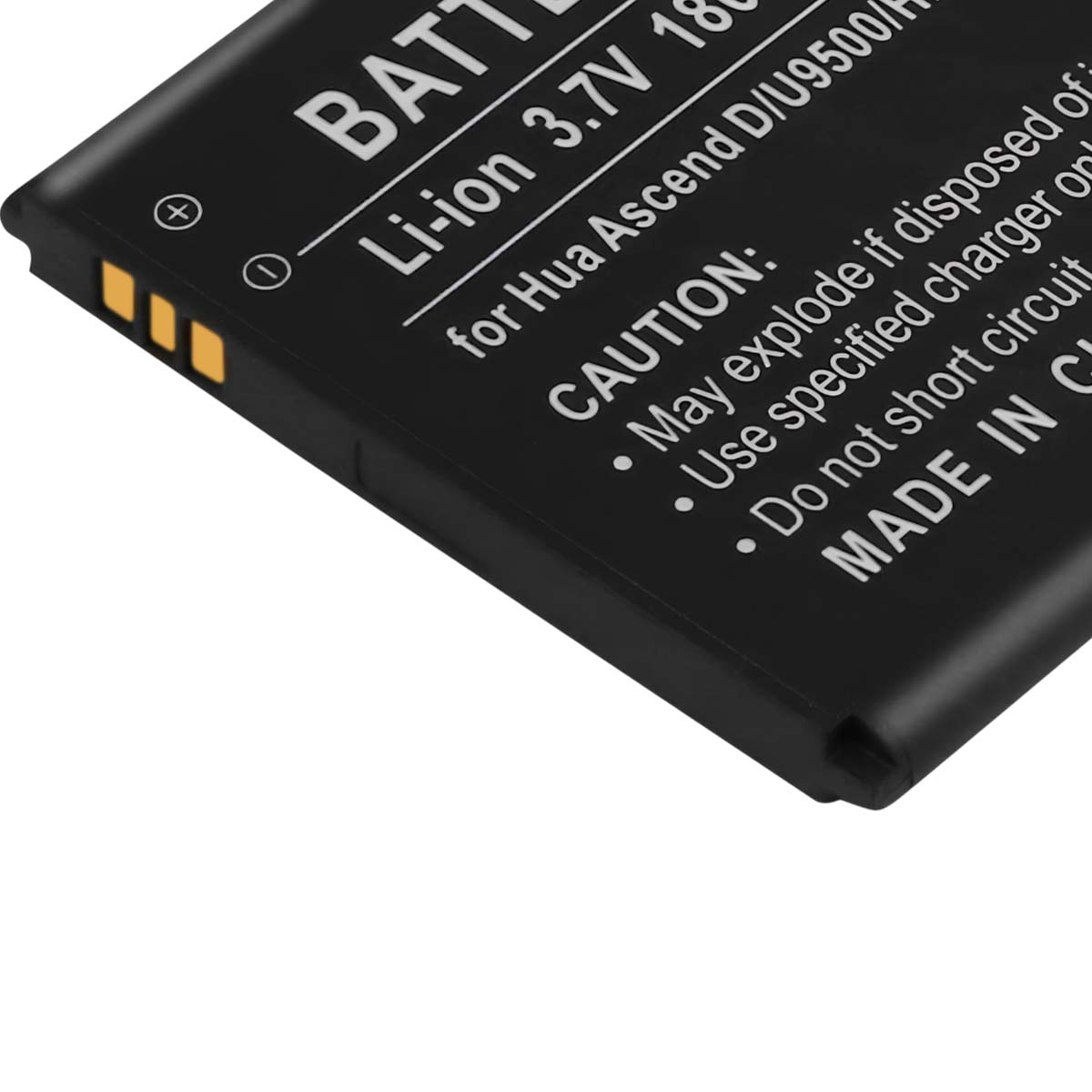 Batteria nera Li-ion con testo bianco: "CAUTION", note di ricarica e "MADE IN C."