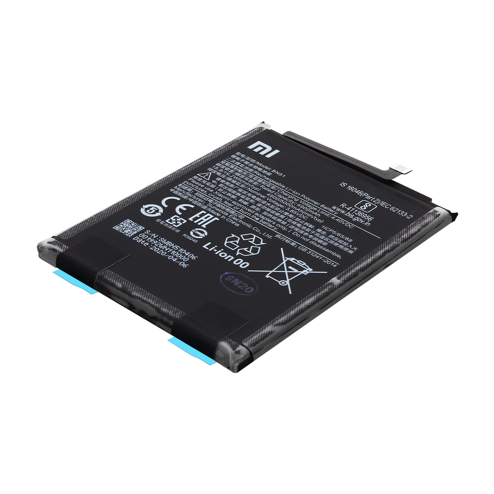 Una batteria nera agli ioni di litio, modello BN51, con capacità di 4900mAh e varie certificazioni.