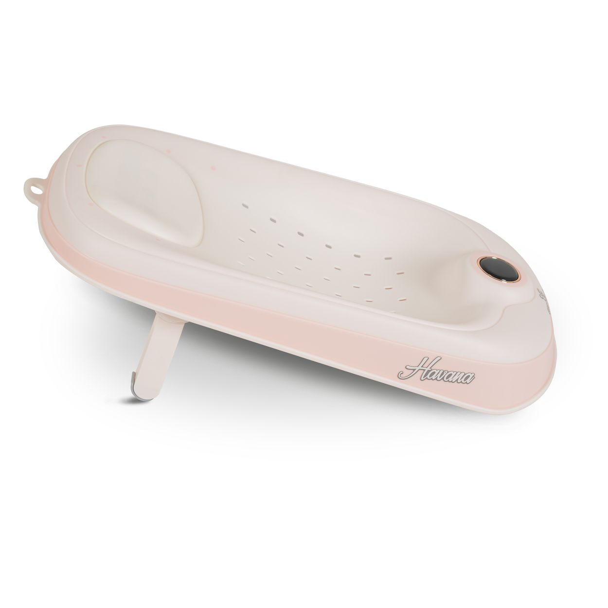 Eine weiße Babybadewanne mit rosa Akzenten und einer Stütze.