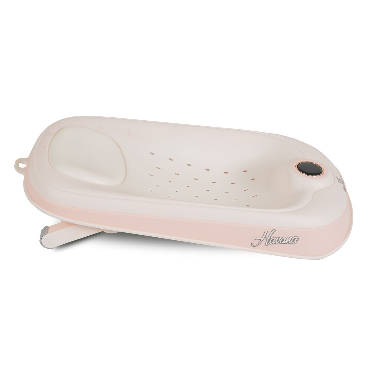 Eine weiße Babybadewanne mit rosa Akzenten und Abtropflöchern.