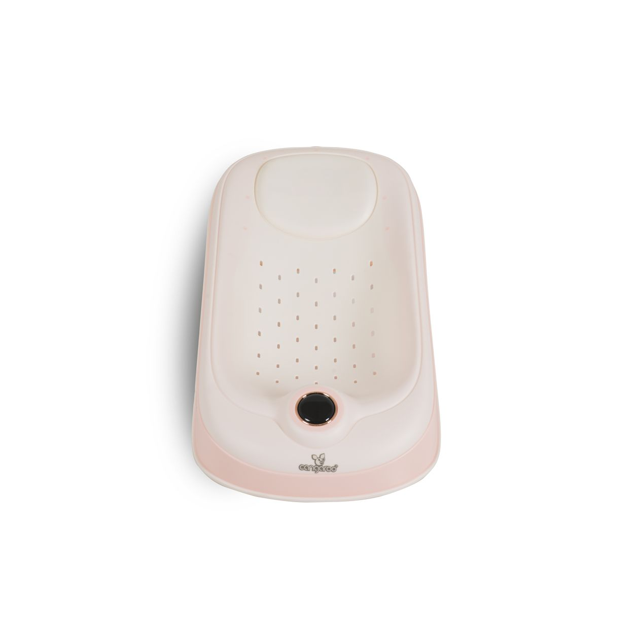 Eine rosafarbene Babybadewanne mit Ablaufloch und Perforation.
