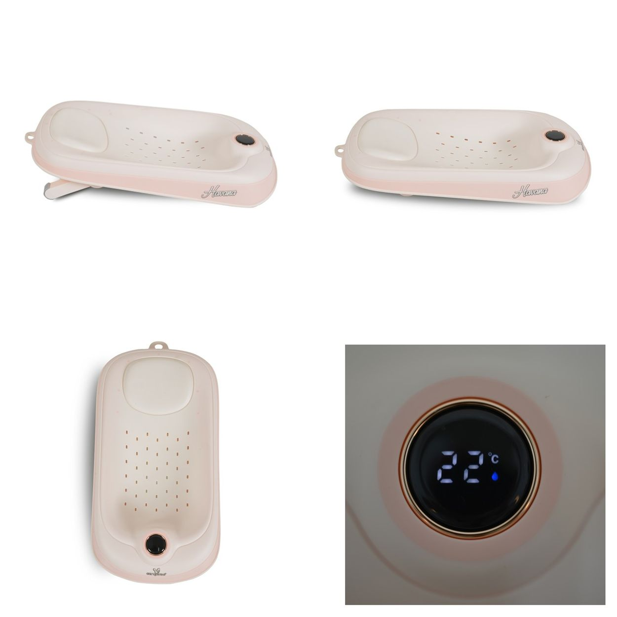 Ein rosa und weier Babybadewannen-Thermometer-Display zeigt 22°C.