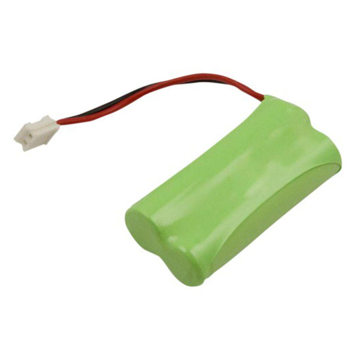 Batteria verde con filo rosso e nero e connettore bianco.