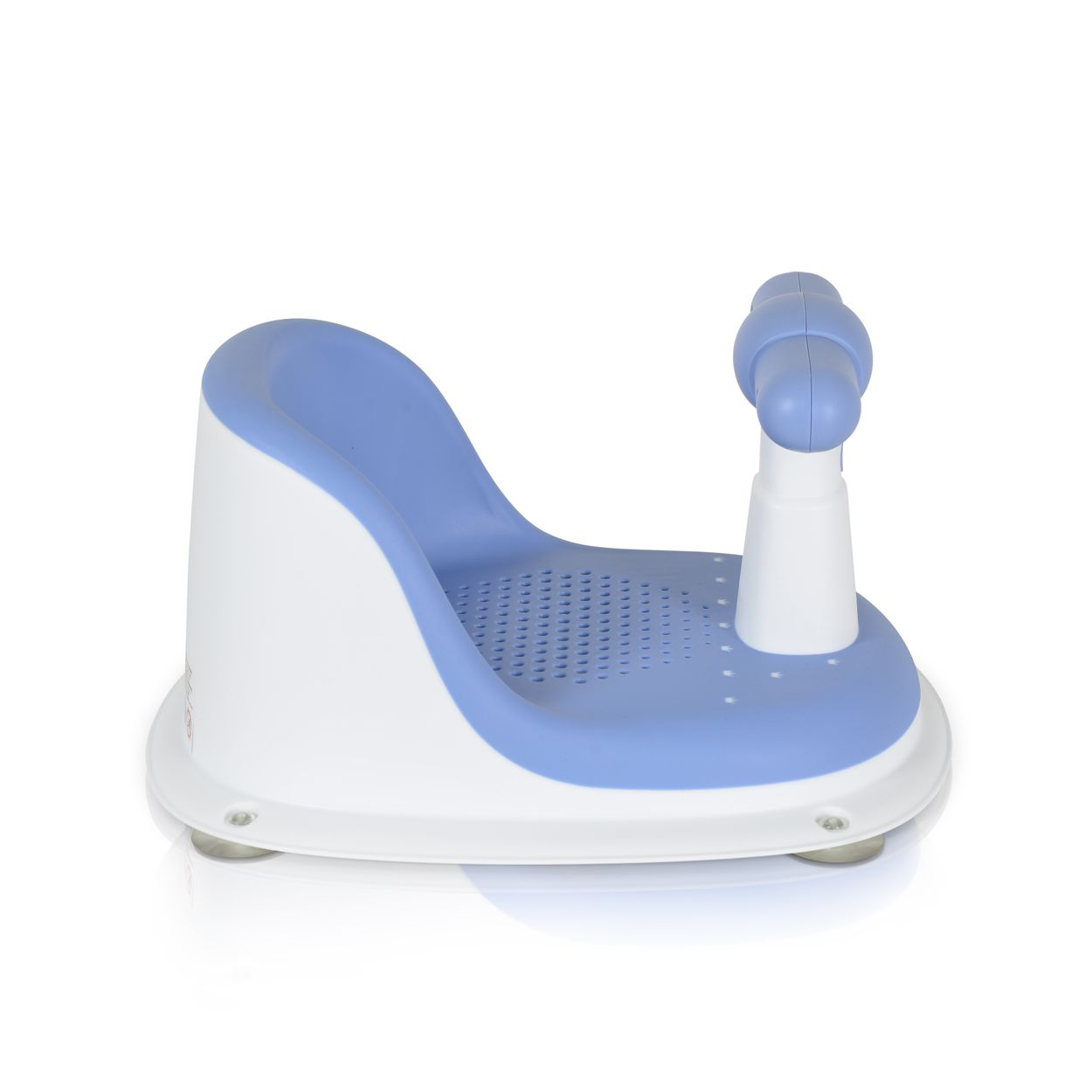 Ein weißer und blauer Babysitz für die Badewanne mit Saugnäpfen.