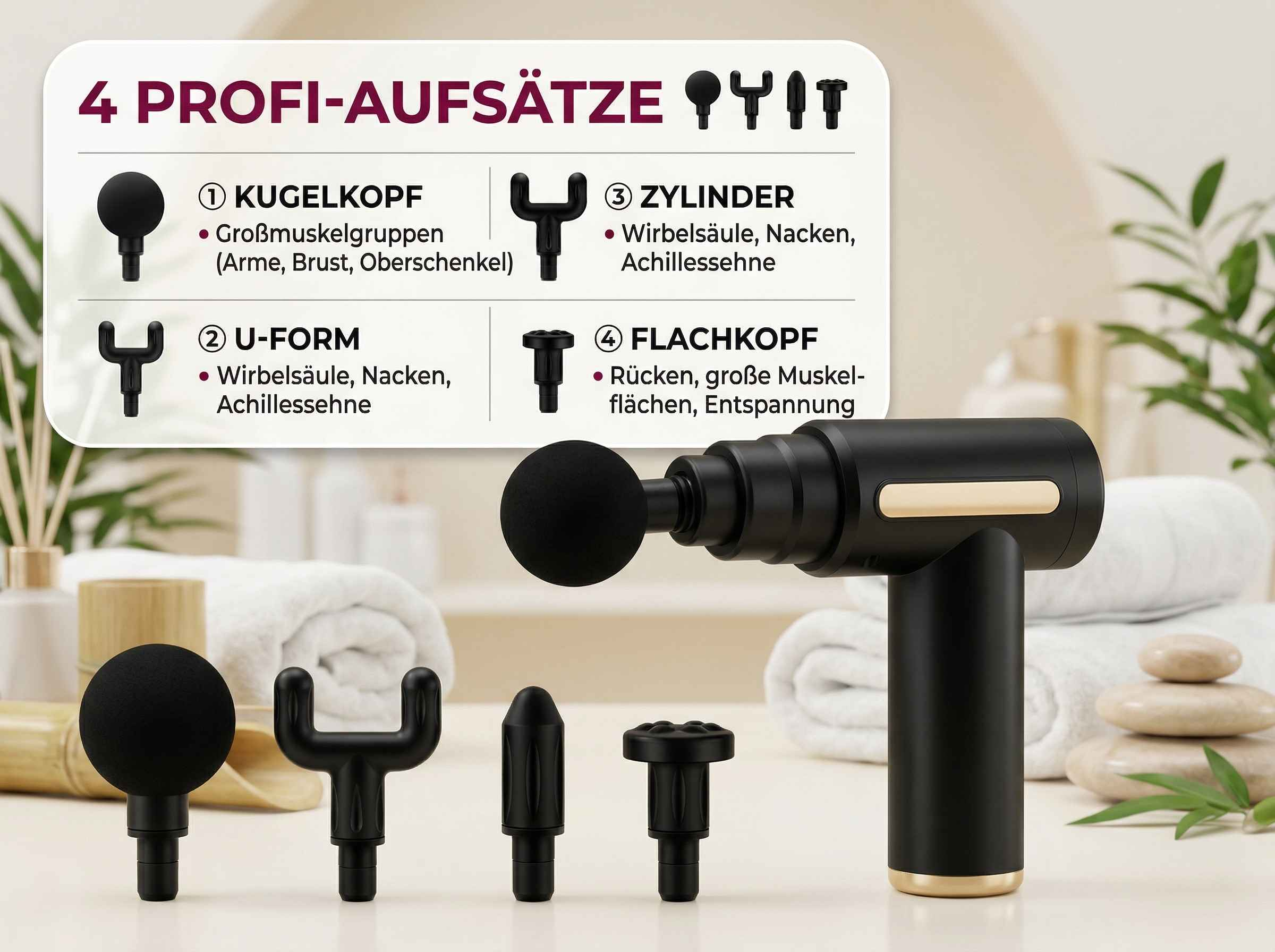 Vier Massagepistolenaufsätze: Kugel, U-Form, Zylinder, Flachkopf.