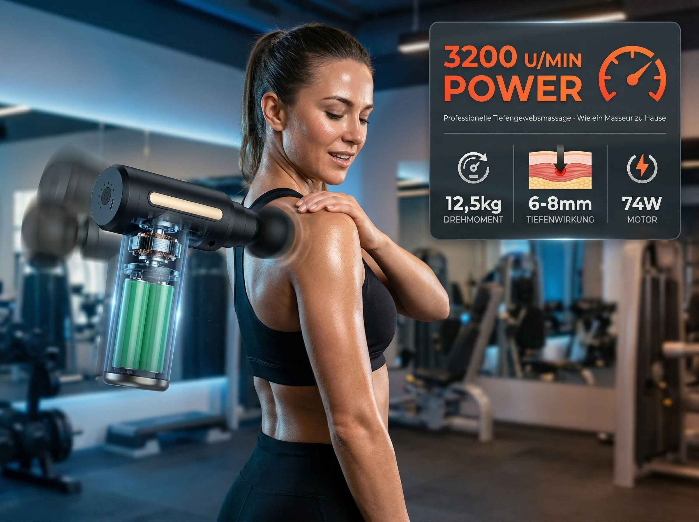 Frau in Sportkleidung mit Massagepistole, die auf ihre Schulter zeigt. Details zur Leistung.