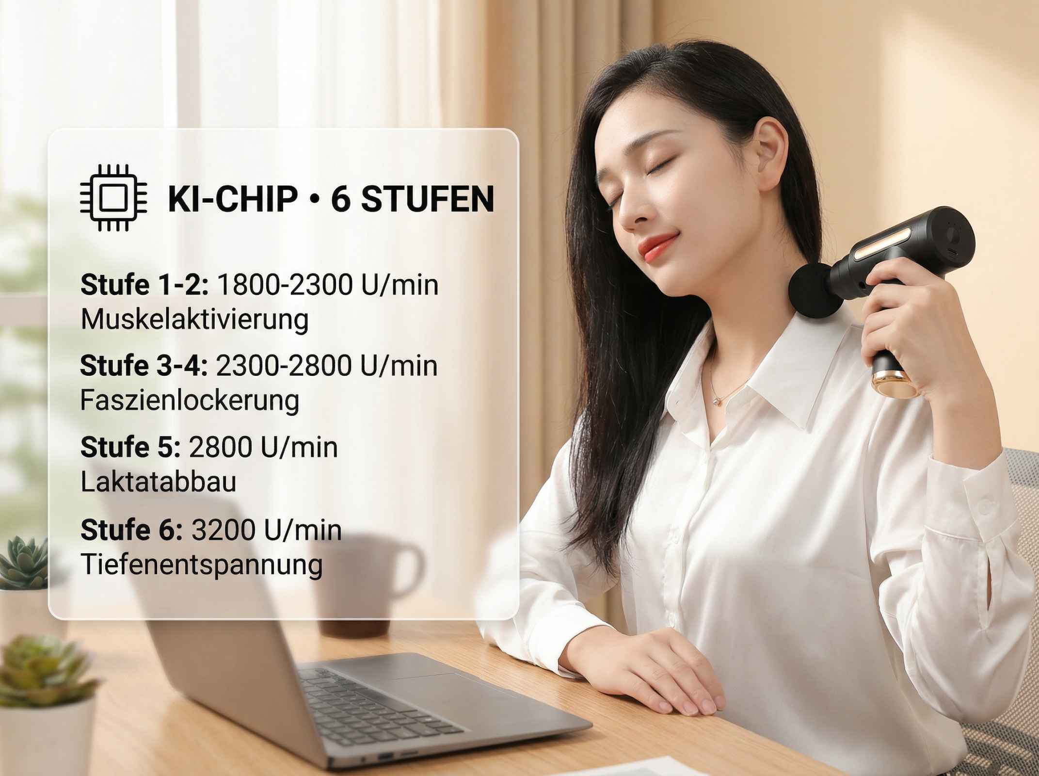 Frau mit Massagepistole am Nacken, KI-Chip, 6 Stufen.