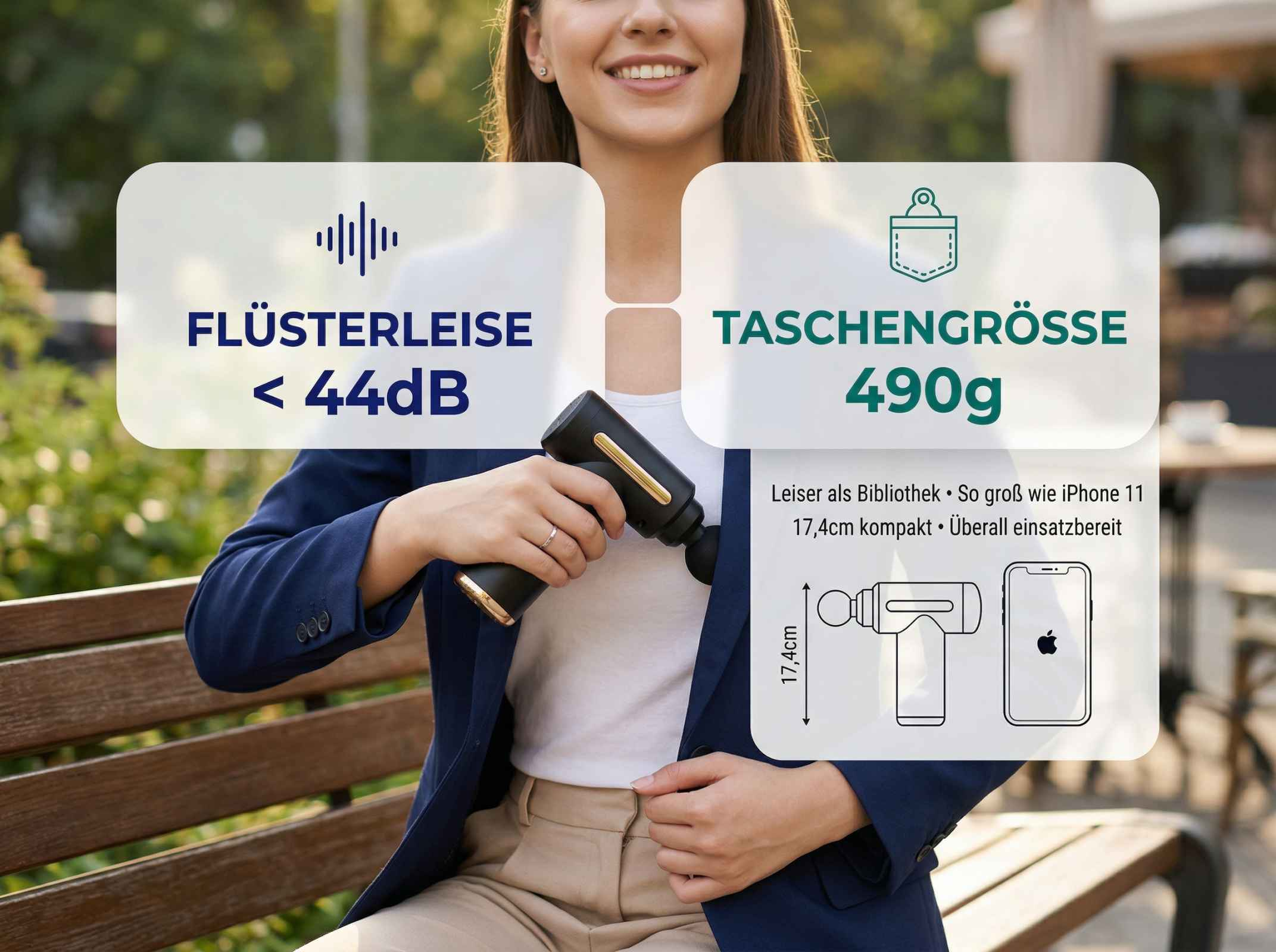 Frau hält Massagepistole. Leise (<lt/>44dB), 490g, 17,4cm lang, iPhone 11 Größe.