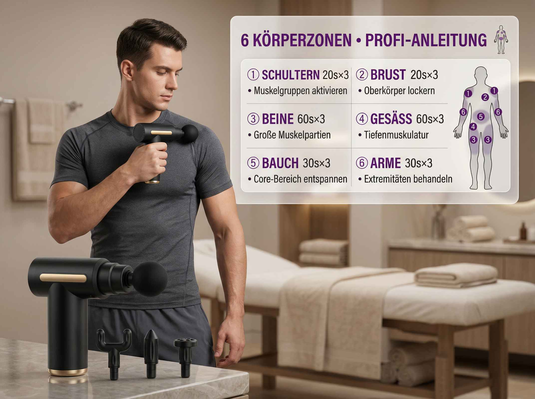 Mann mit Massagepistole, Anleitung für 6 Körperzonen, Behandlungsdauer und Muskelgruppen.
